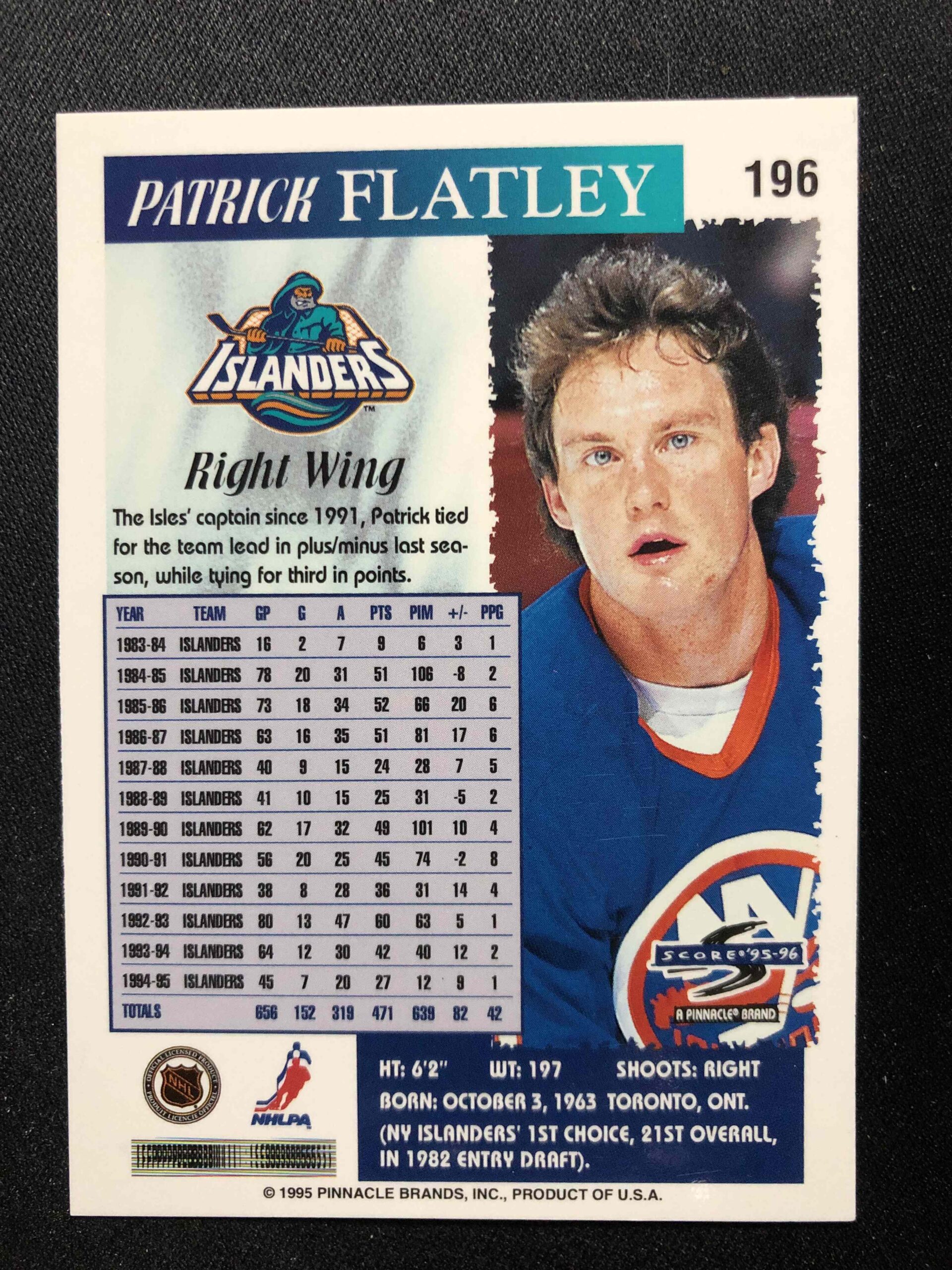 1995/1996 Pinnacle Score Base 196 Patrick Flatley - Obrázek 2