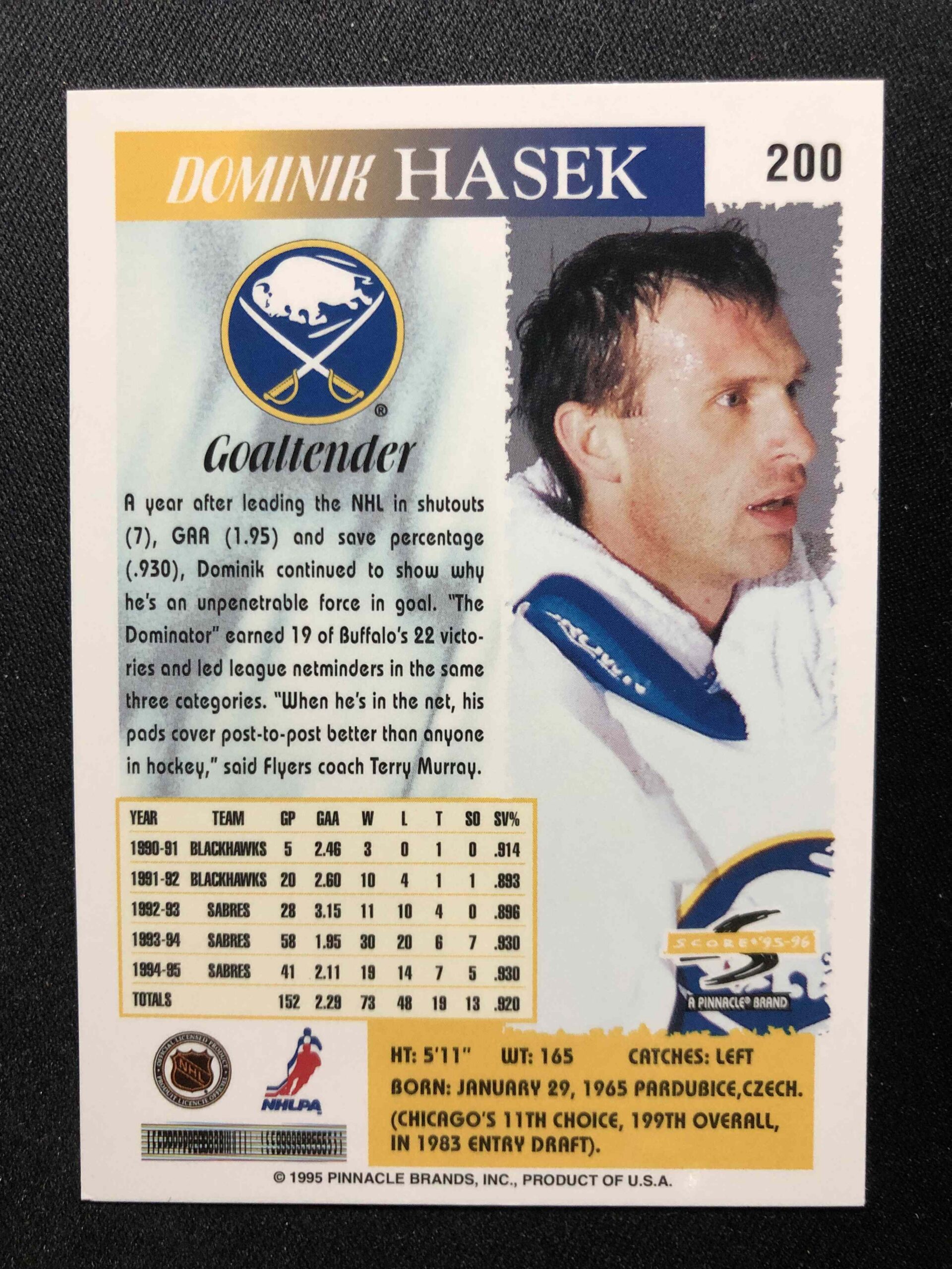 1995/1996 Pinnacle Score Base 200 Dominik Hašek - Obrázek 2