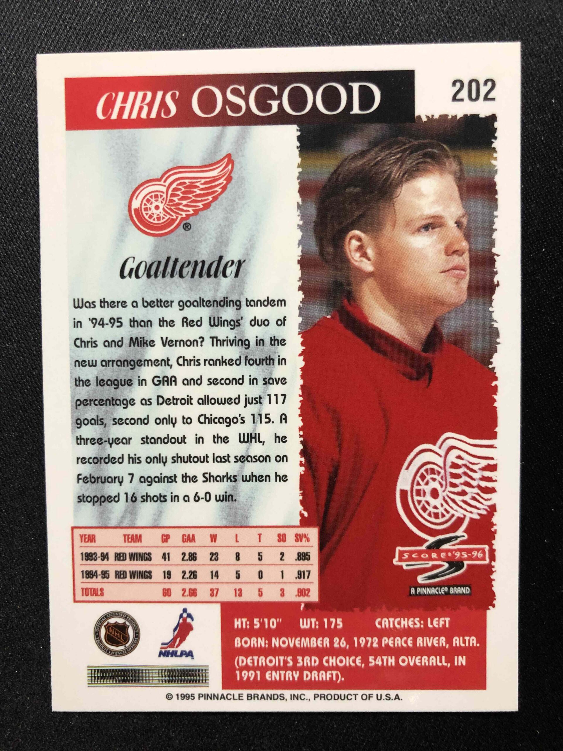 1995/1996 Pinnacle Score Base 202 Chris Osgood - Obrázek 2