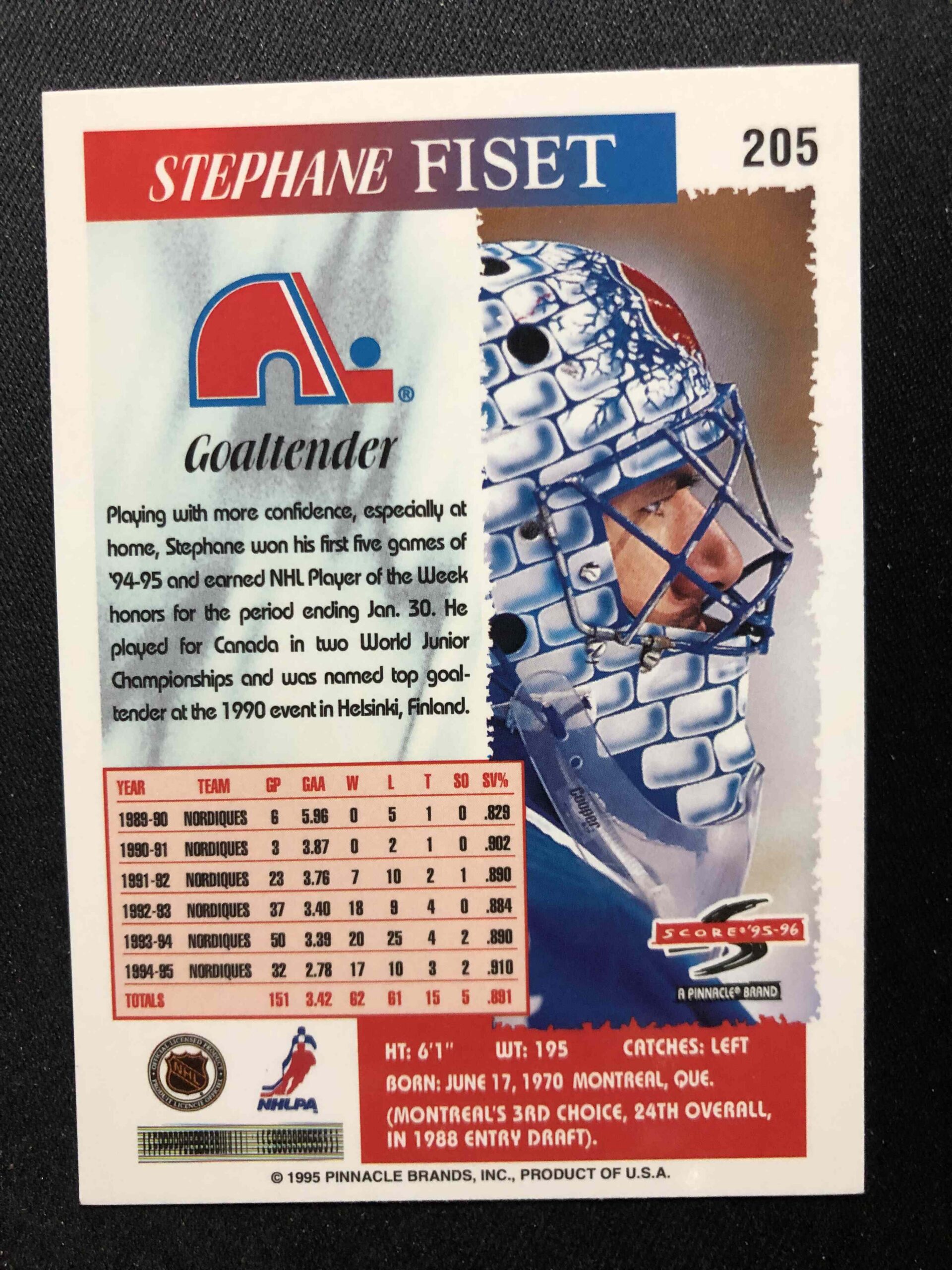 1995/1996 Pinnacle Score Base 205 Stephane Fiset - Obrázek 2