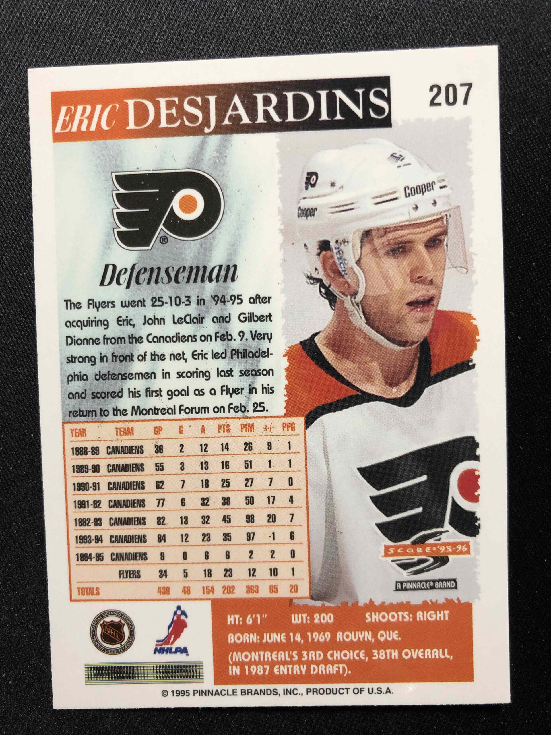 1995/1996 Pinnacle Score Base 207 Eric Desjardins - Obrázek 2