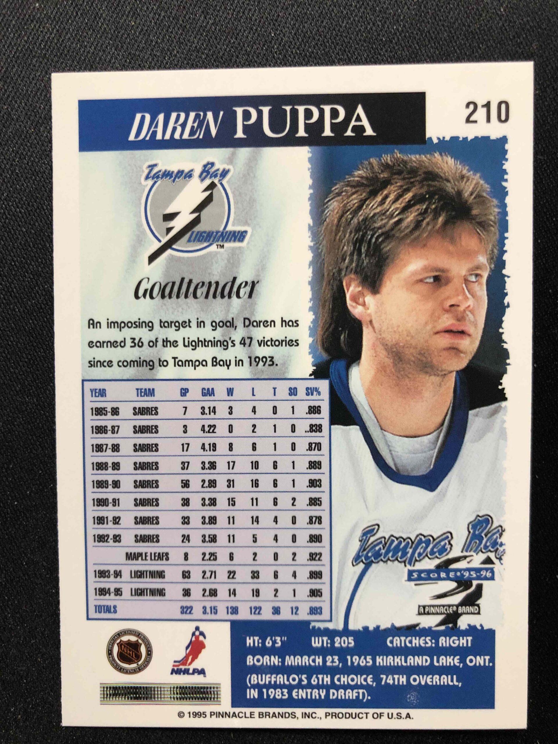 1995/1996 Pinnacle Score Base 210 Daren Puppa - Obrázek 2