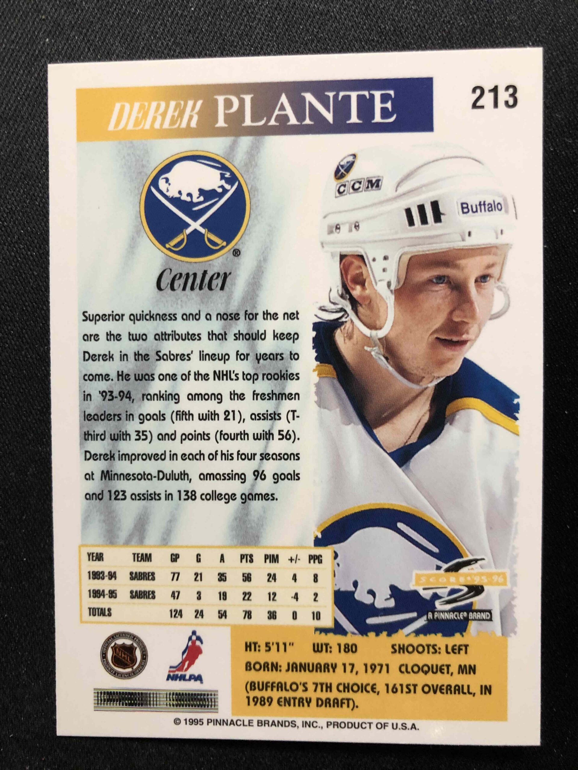 1995/1996 Pinnacle Score Base 213 Derek Plante - Obrázek 2