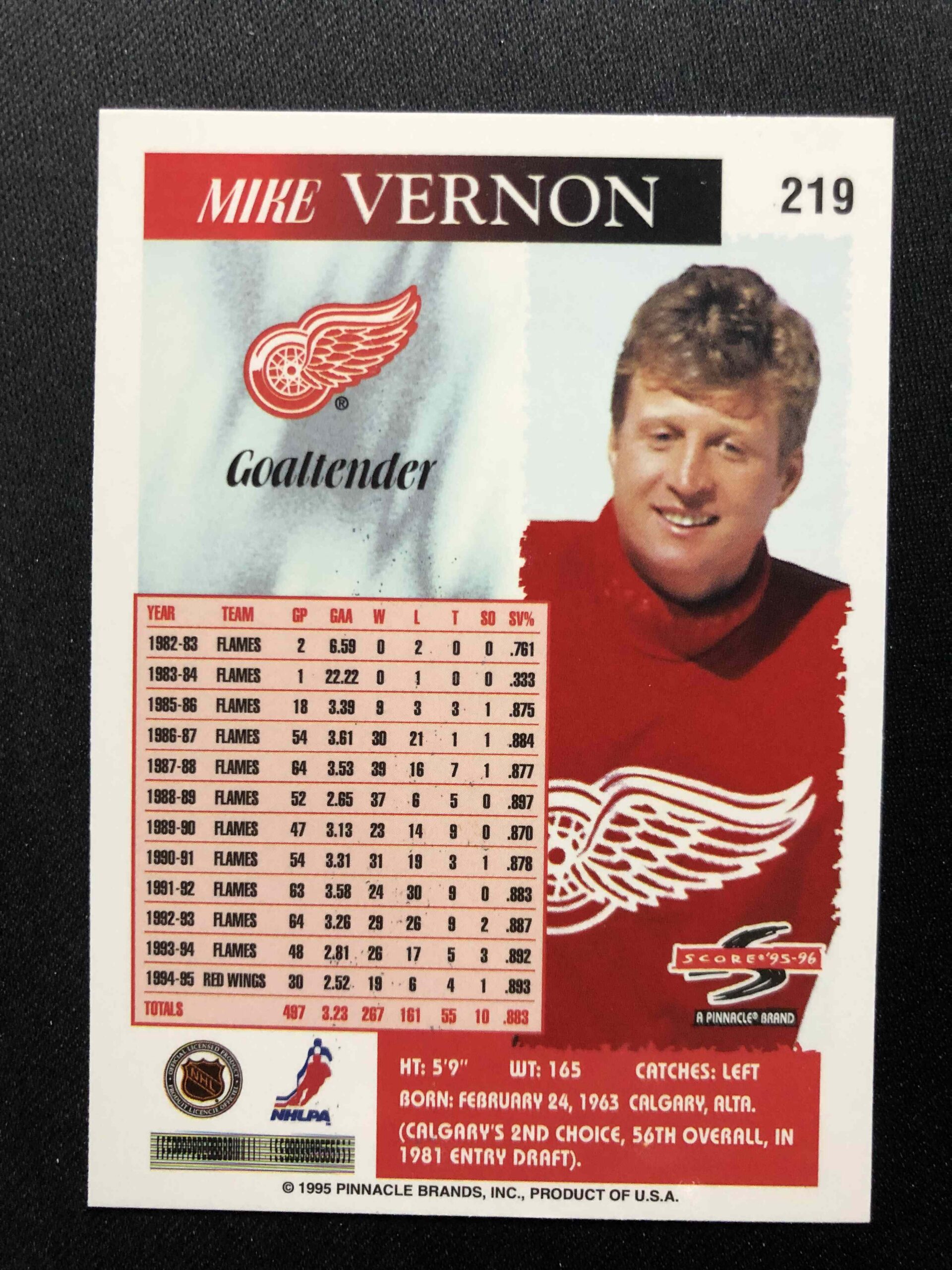 1995/1996 Pinnacle Score Base 219 Mike Vernon - Obrázek 2