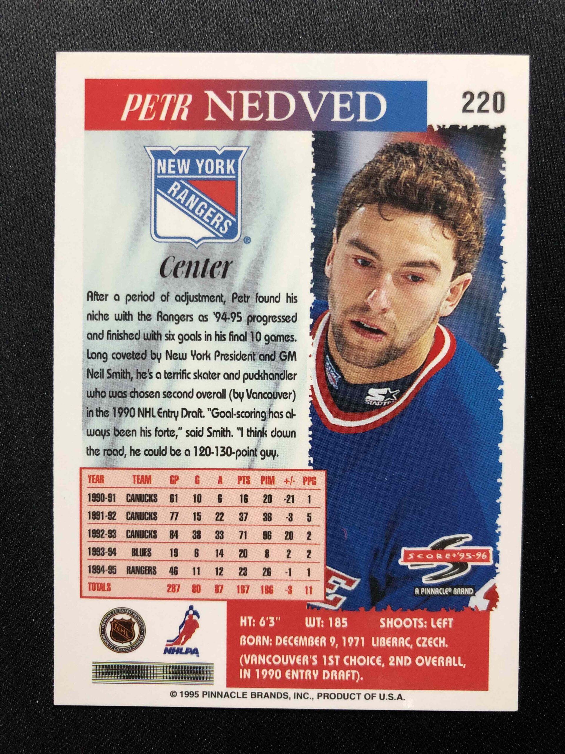 1995/1996 Pinnacle Score Base 220 Petr Nedved - Obrázek 2