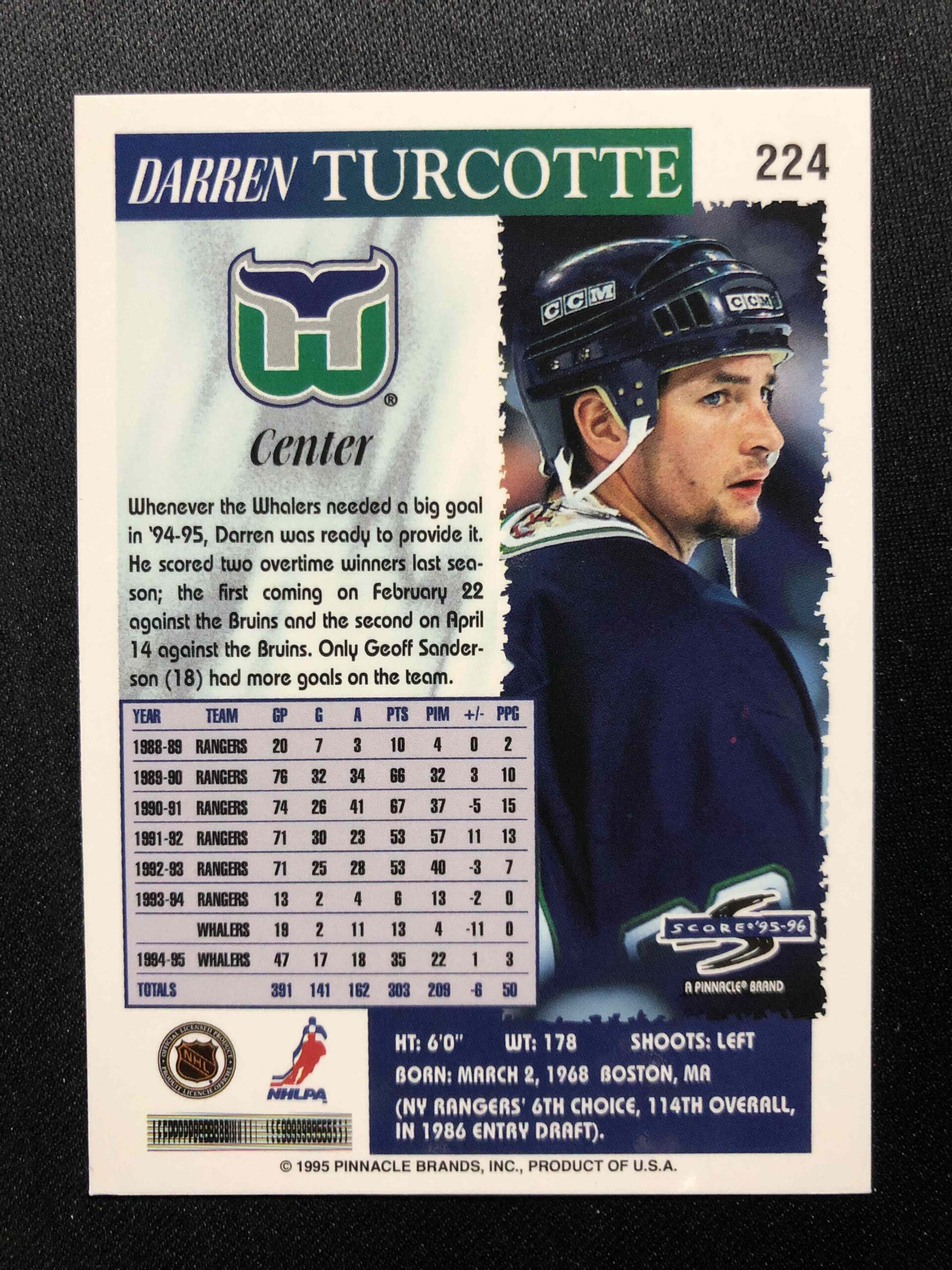 1995/1996 Pinnacle Score Base 224 Darren Turcotte - Obrázek 2