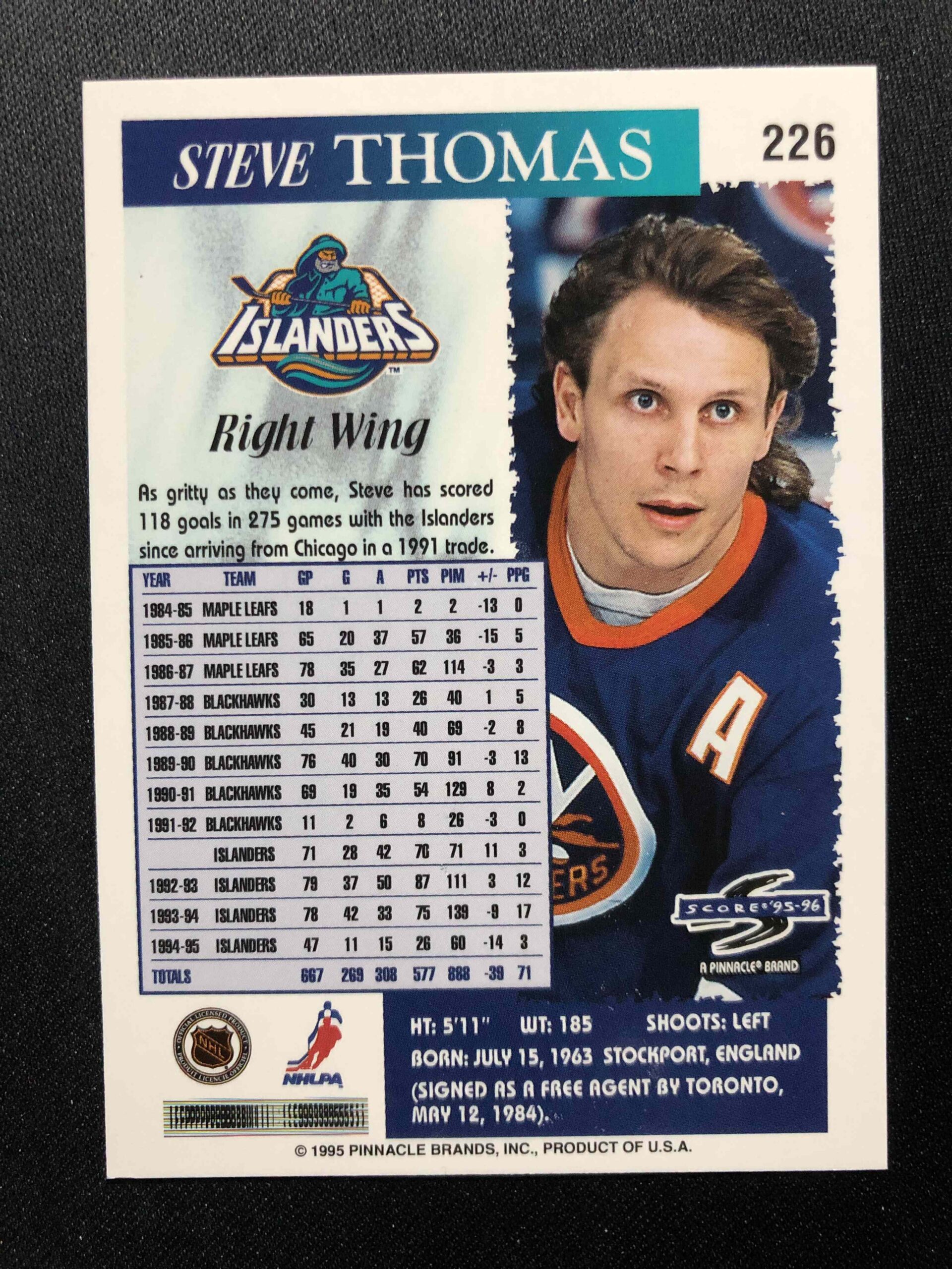 1995/1996 Pinnacle Score Base 226 Steve Thomas - Obrázek 2