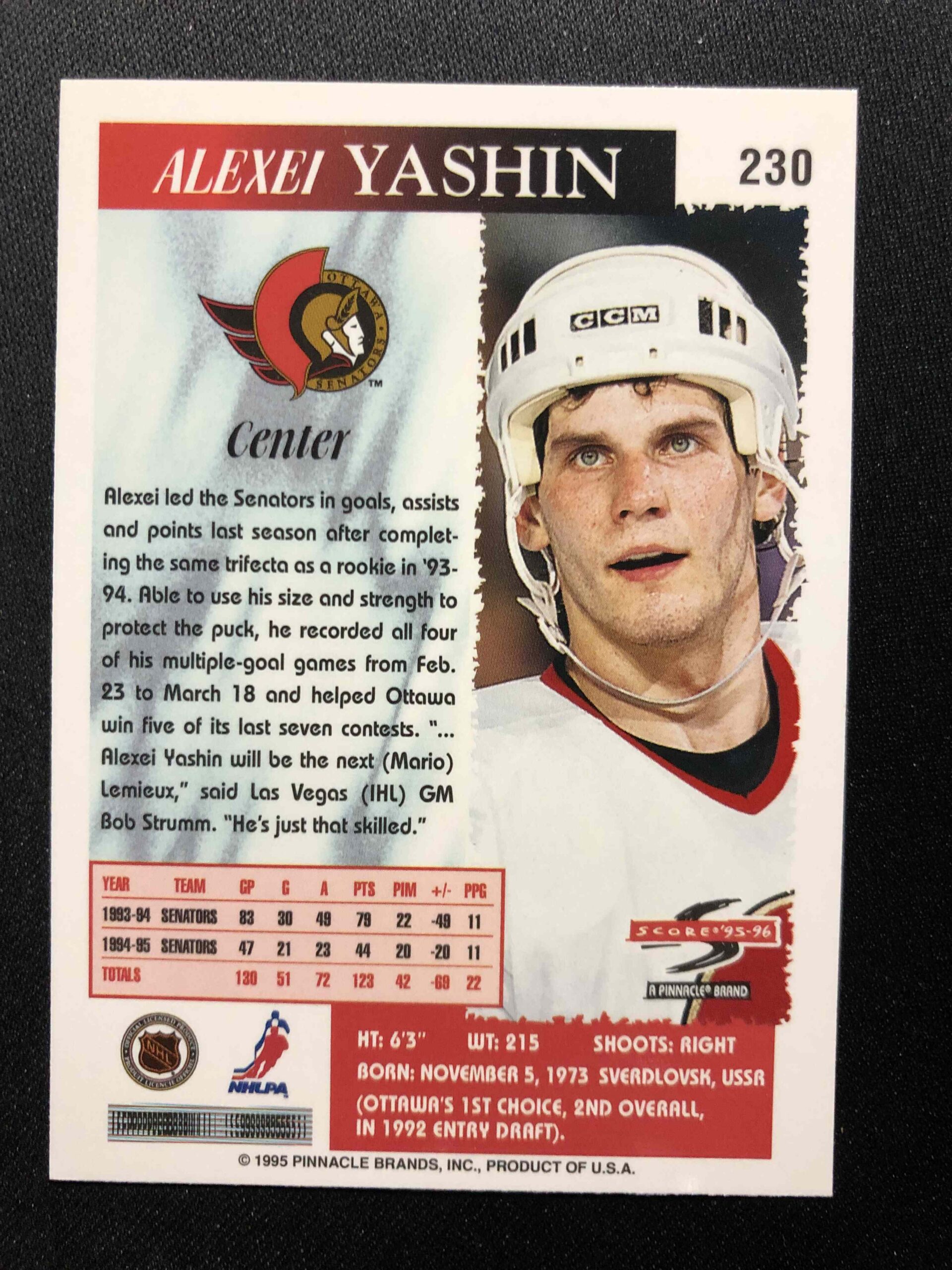 1995/1996 Pinnacle Score Base 230 Alexei Yashin - Obrázek 2