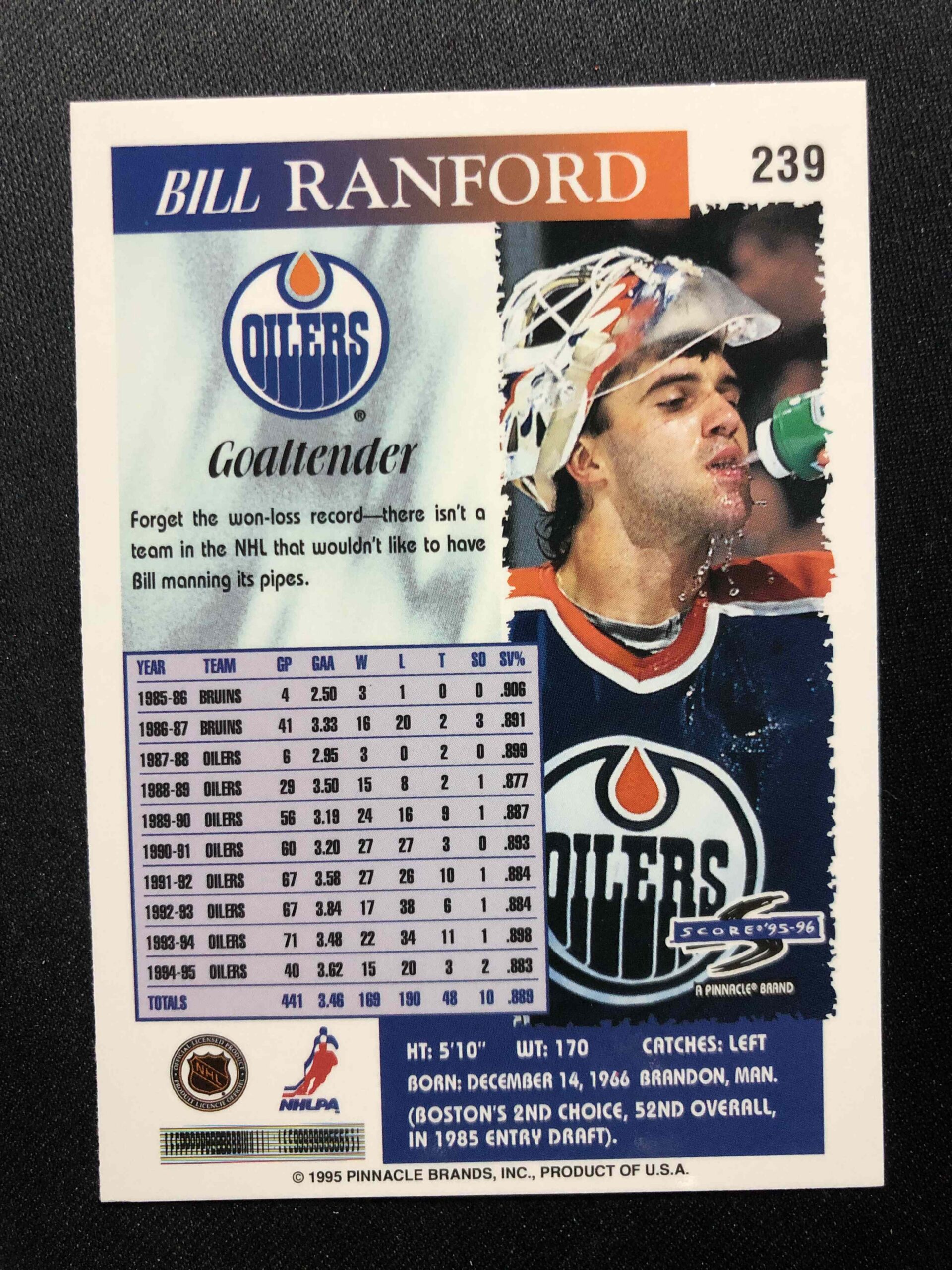 1995/1996 Pinnacle Score Base 239 Bill Ranford - Obrázek 2