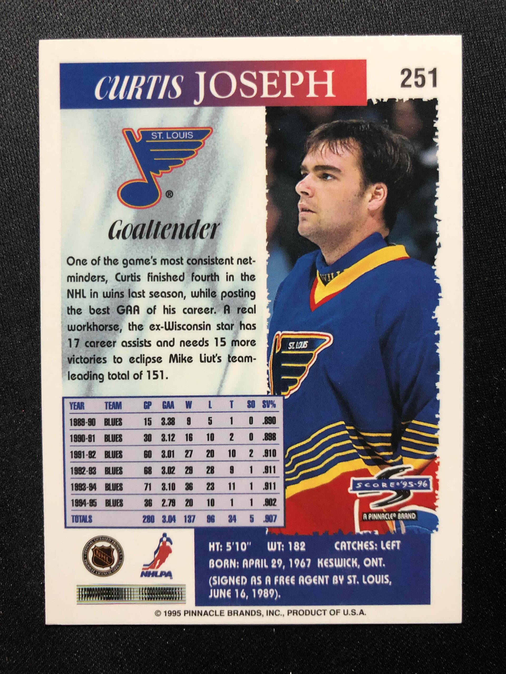 1995/1996 Pinnacle Score Base 251 Curtis Joseph - Obrázek 2