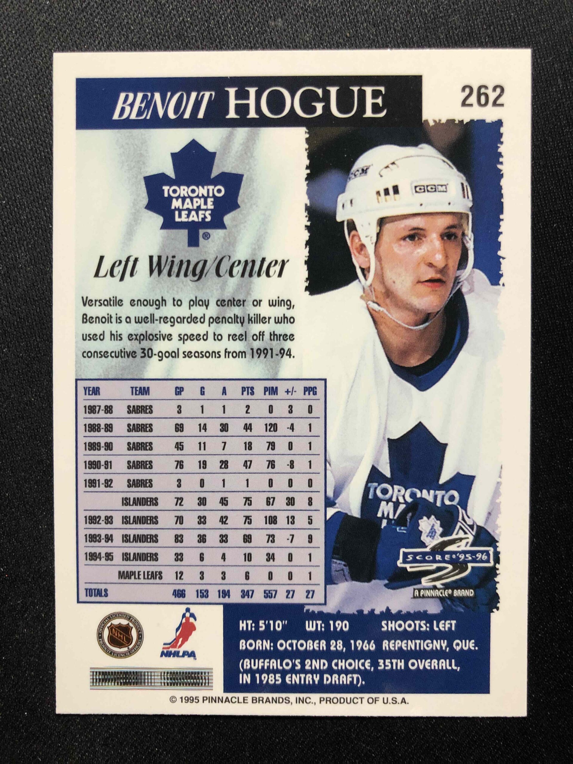1995/1996 Pinnacle Score Base 262 Benoit Hogue - Obrázek 2