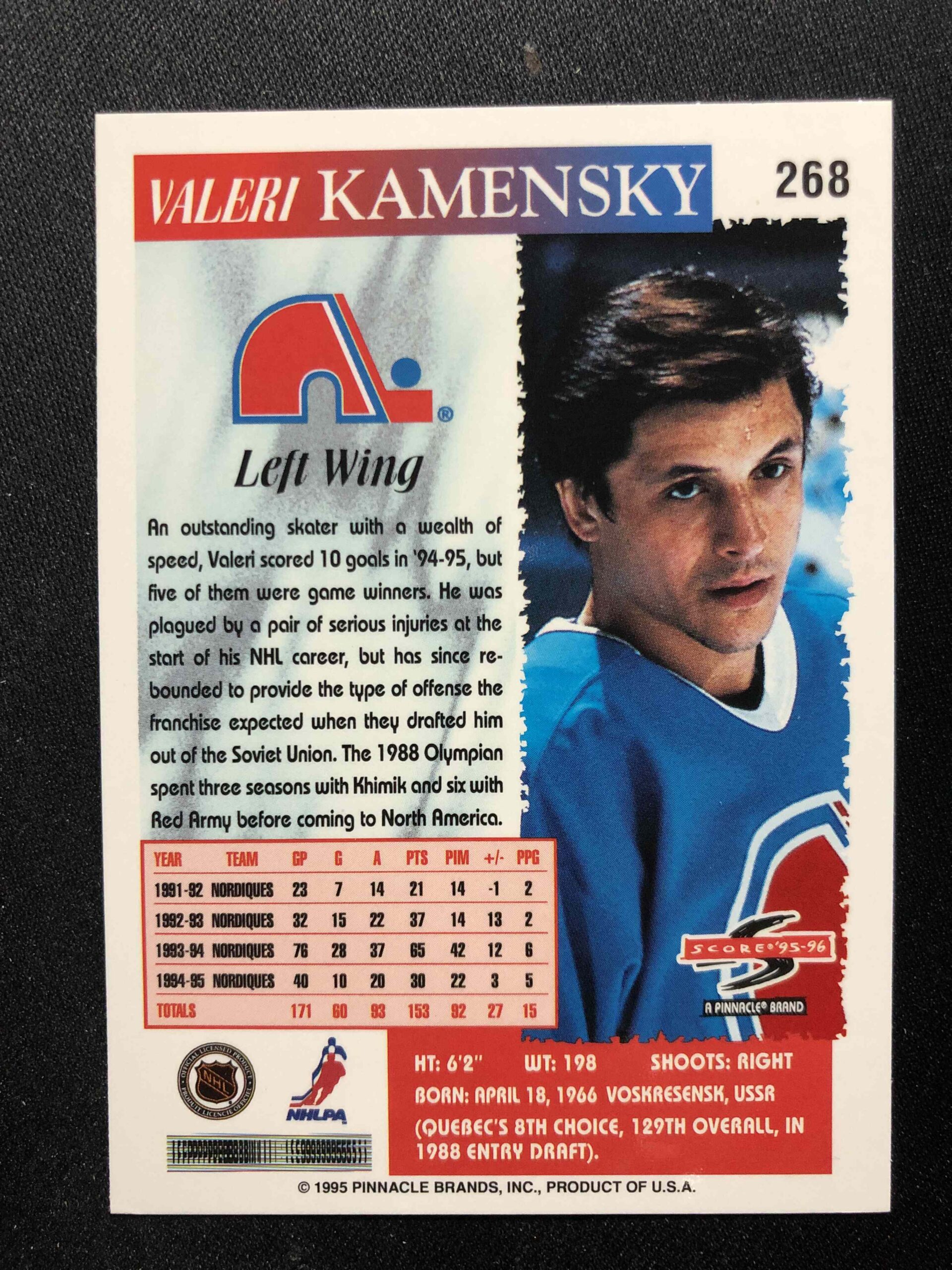 1995/1996 Pinnacle Score Base 268 Valeri Kamensky - Obrázek 2