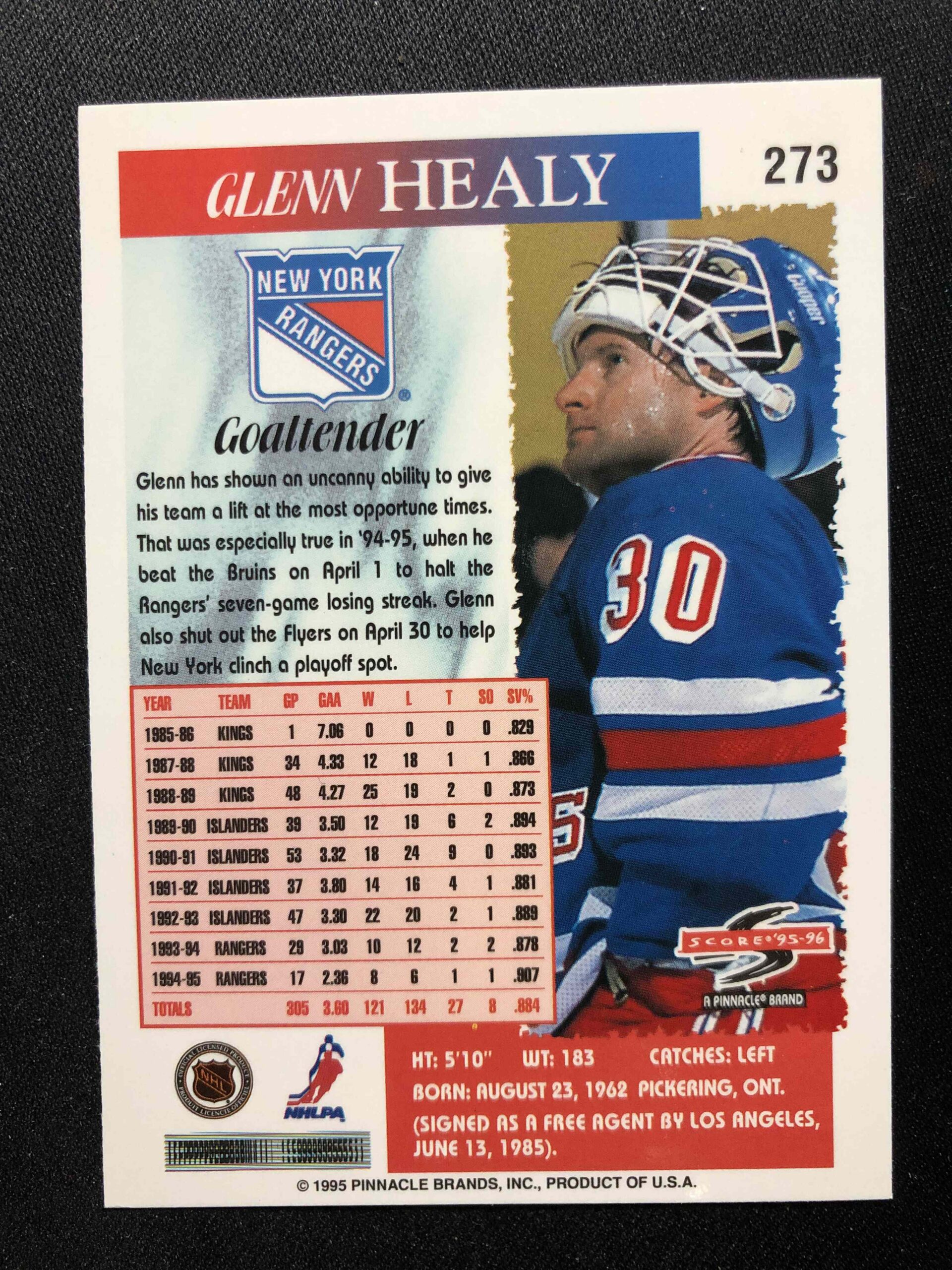 1995/1996 Pinnacle Score Base 273 Glenn Healy - Obrázek 2
