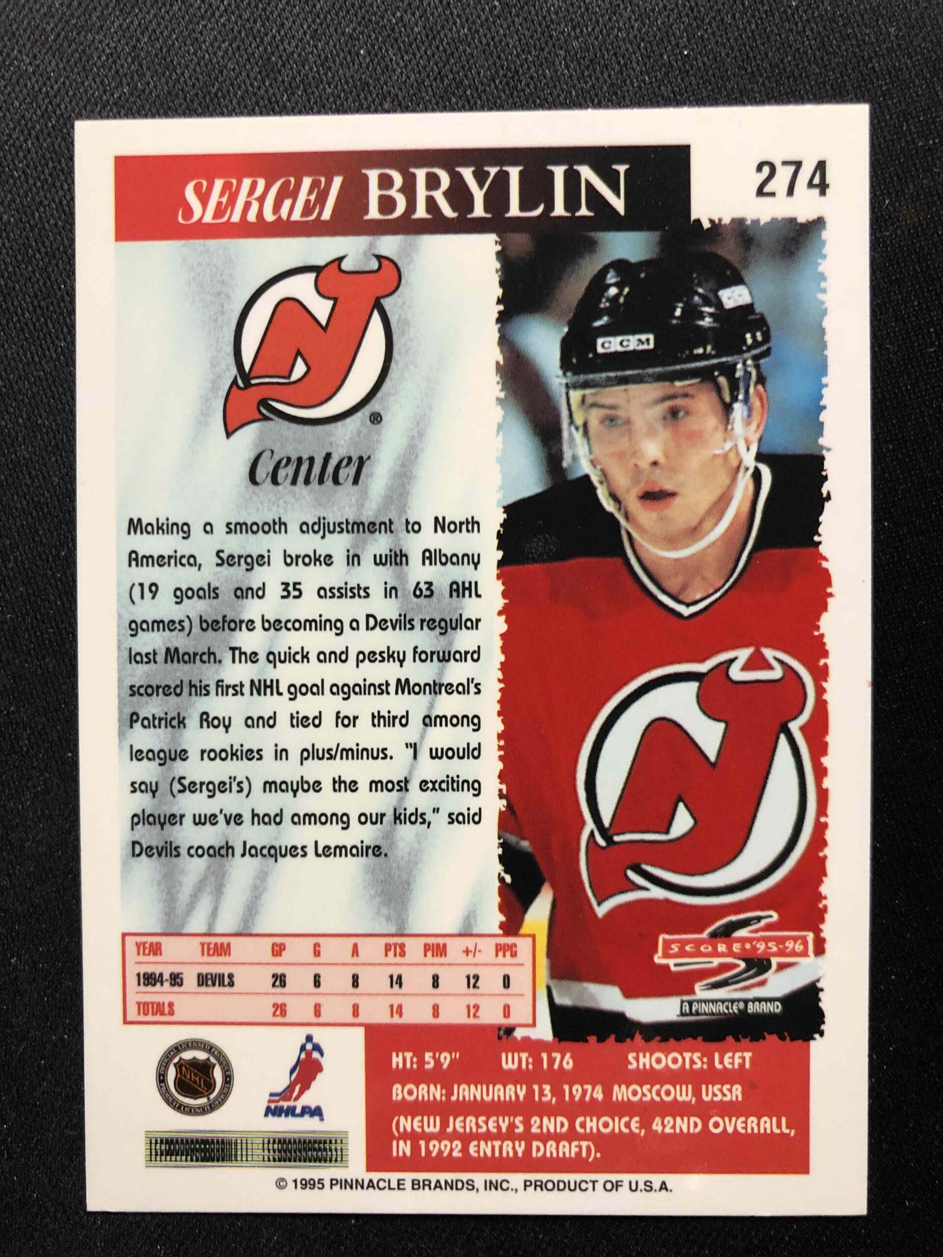 1995/1996 Pinnacle Score Base 274 Sergei Brylin - Obrázek 2