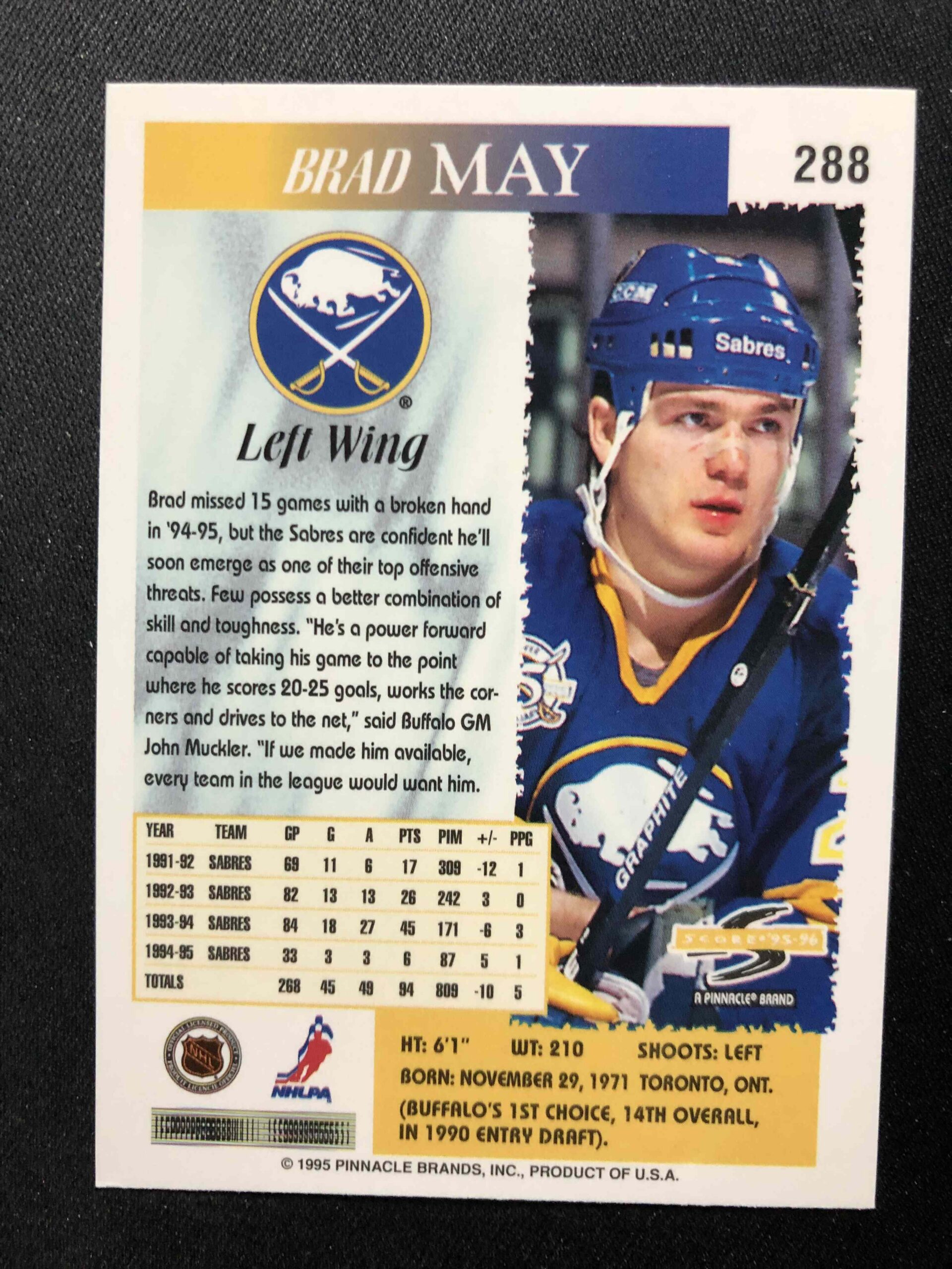 1995/1996 Pinnacle Score Base 288 Brad May - Obrázek 2