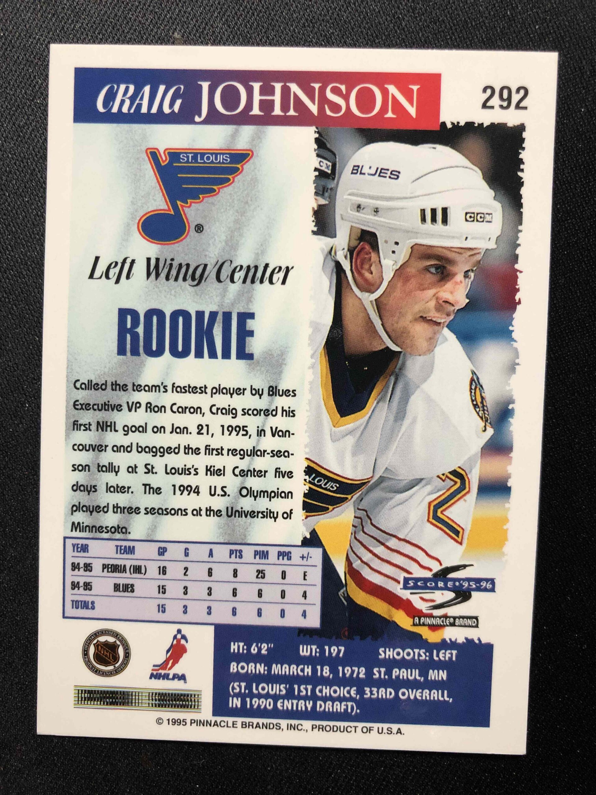 1995/1996 Pinnacle Score Base 292 Craig Johnson - Obrázek 2