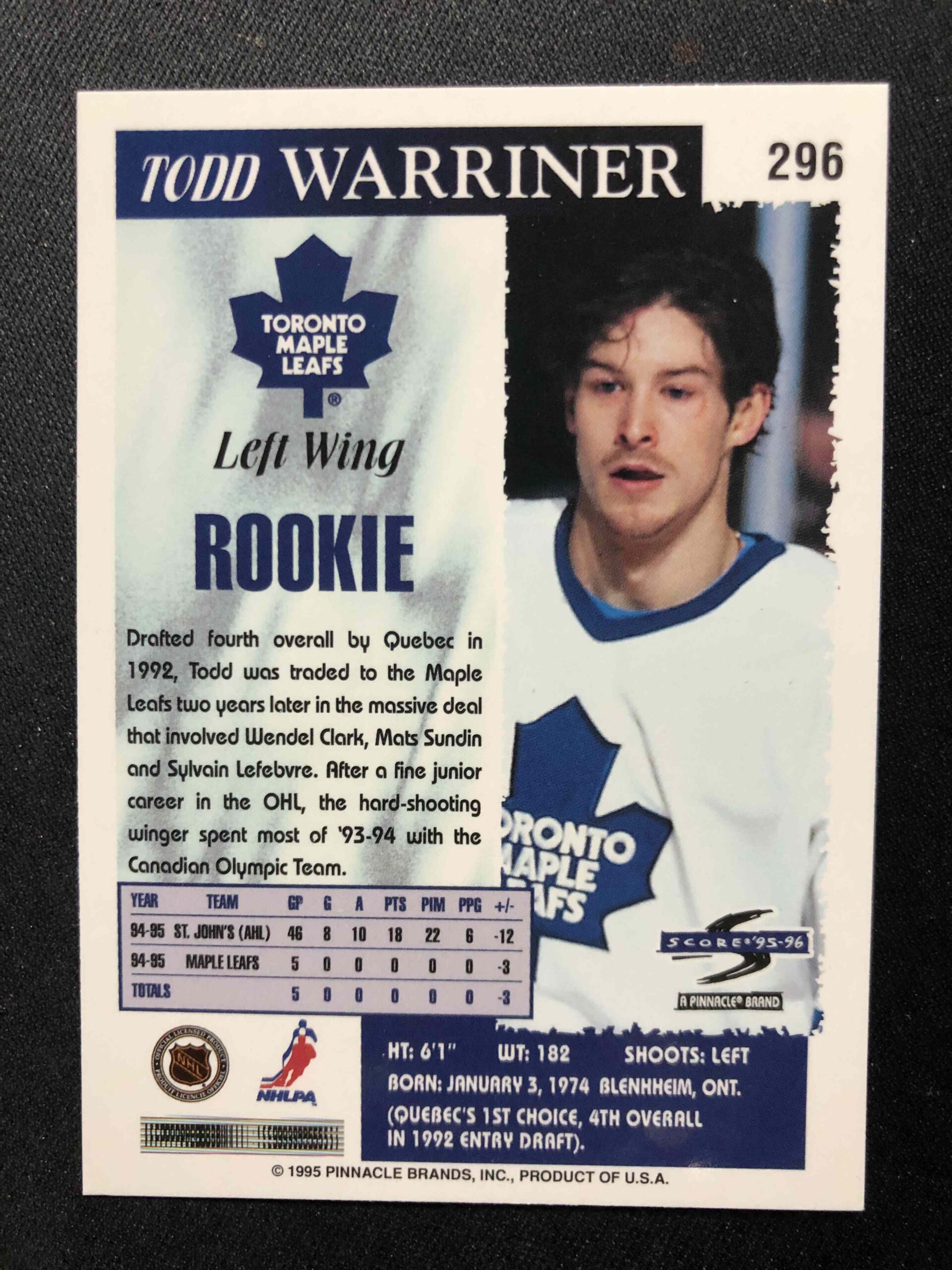 1995/1996 Pinnacle Score Base 296 Todd Warriner - Obrázek 2