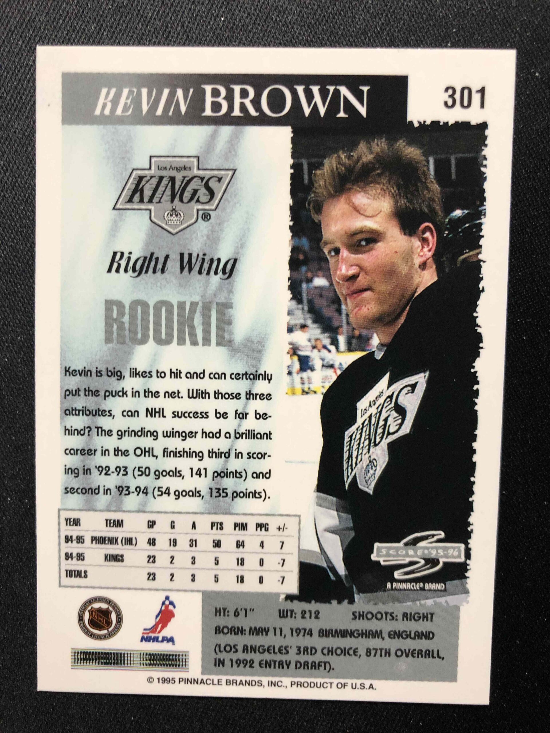 1995/1996 Pinnacle Score Base 301 Kevin Brown - Obrázek 2