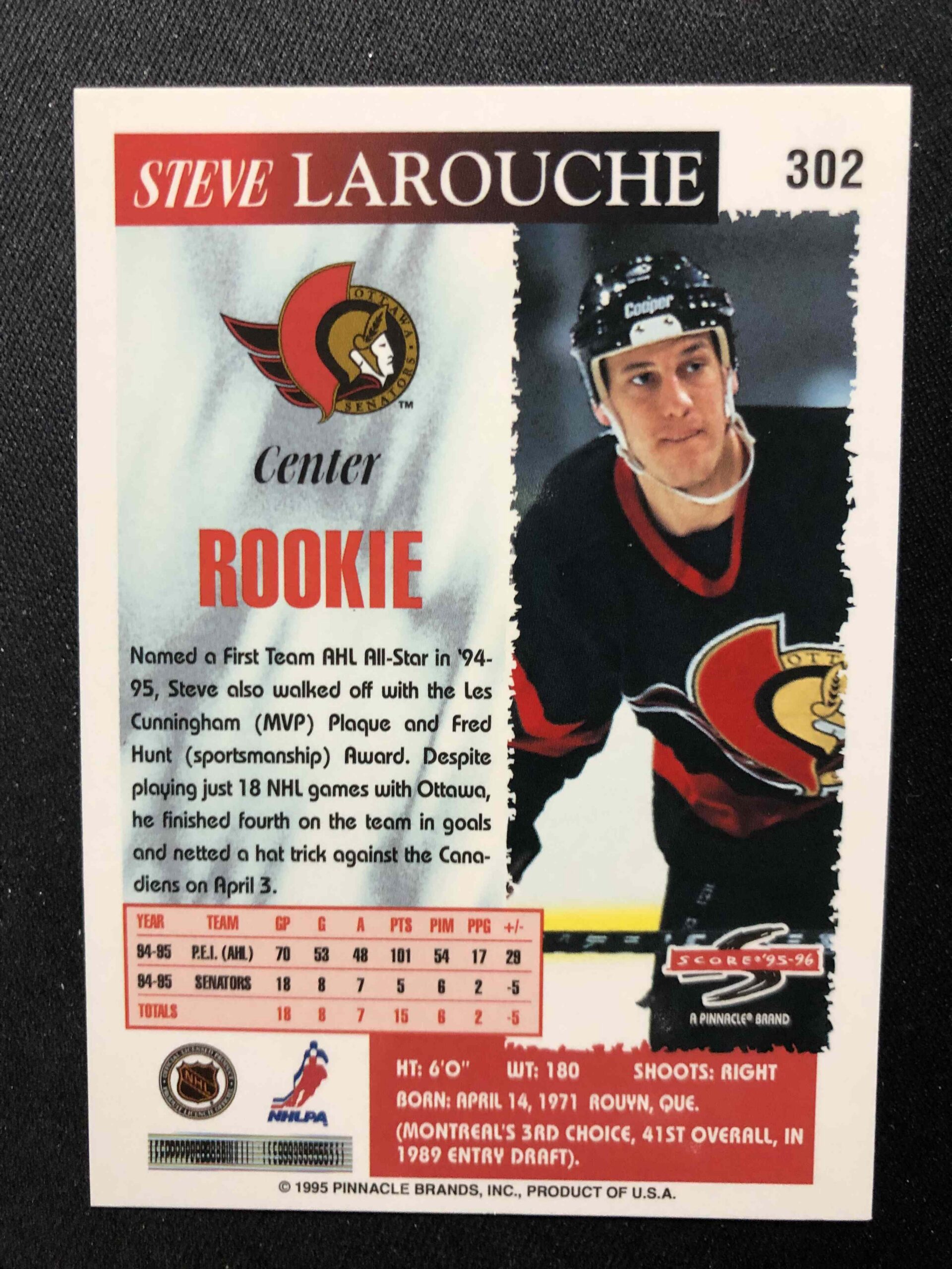 1995/1996 Pinnacle Score Base 302 Steve Larouche - Obrázek 2