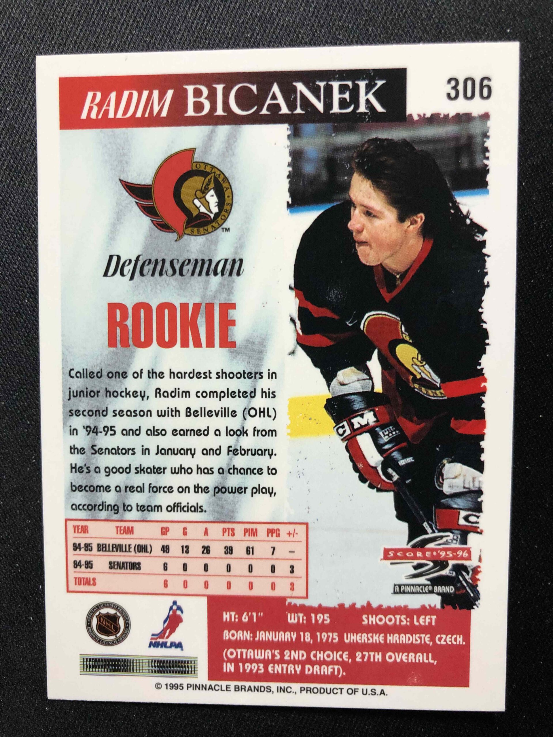 1995/1996 Pinnacle Score Base 306 Radim Bicanek - Obrázek 2