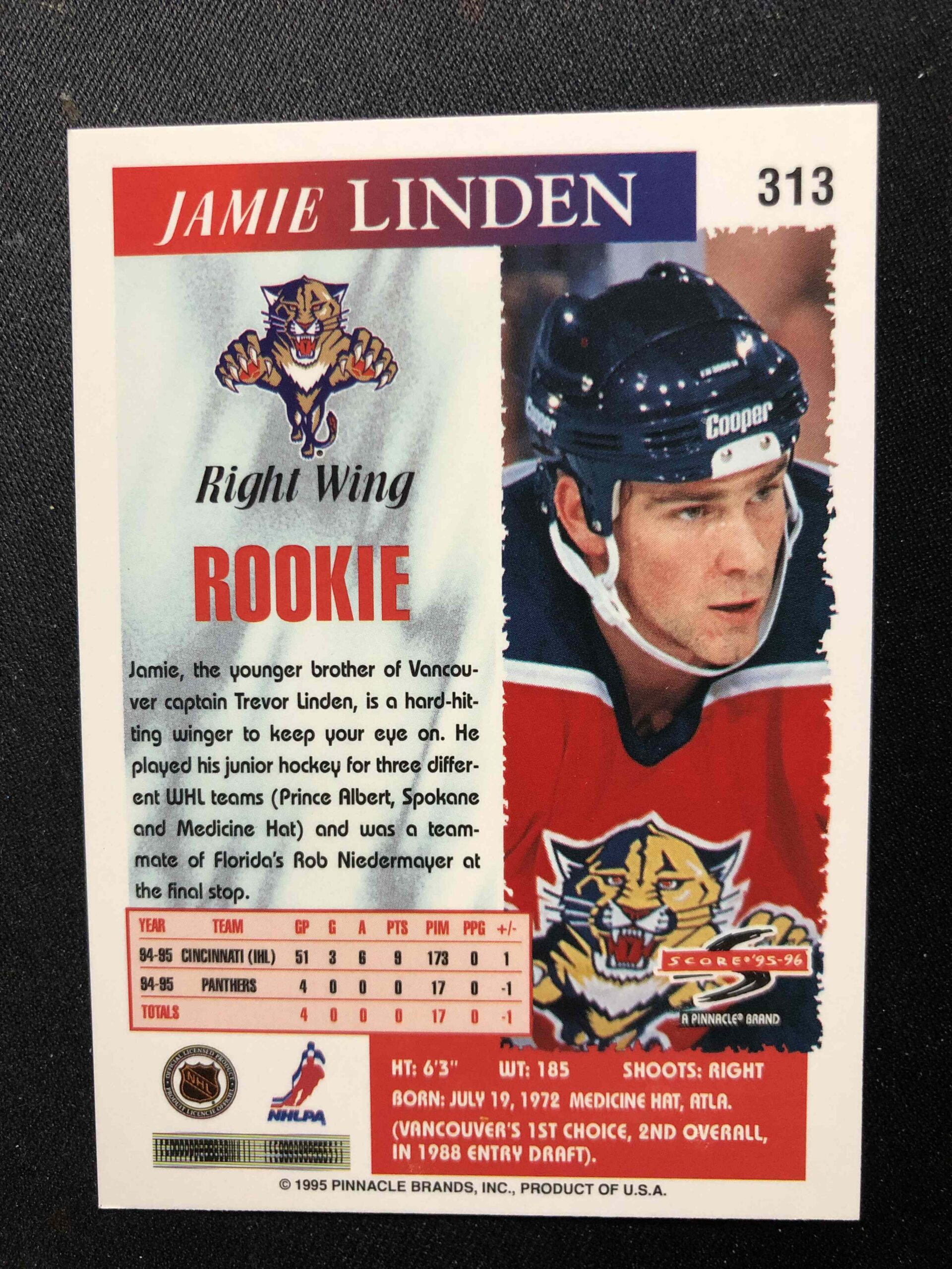 1995/1996 Pinnacle Score Base 313 Jamie Linden - Obrázek 2