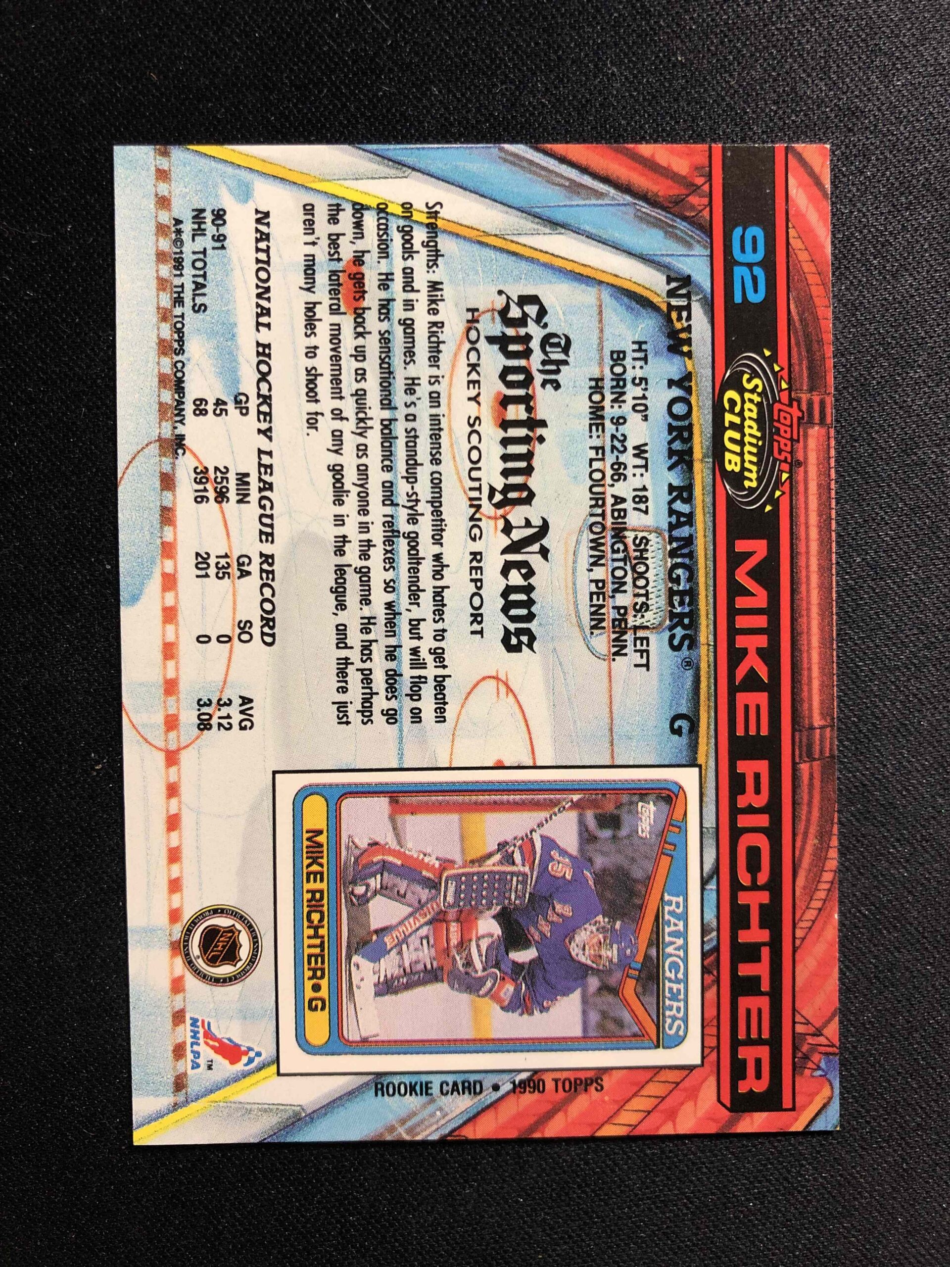 1991/1992 Topps Stadium Club Base 92 Mike Richter - Obrázek 2