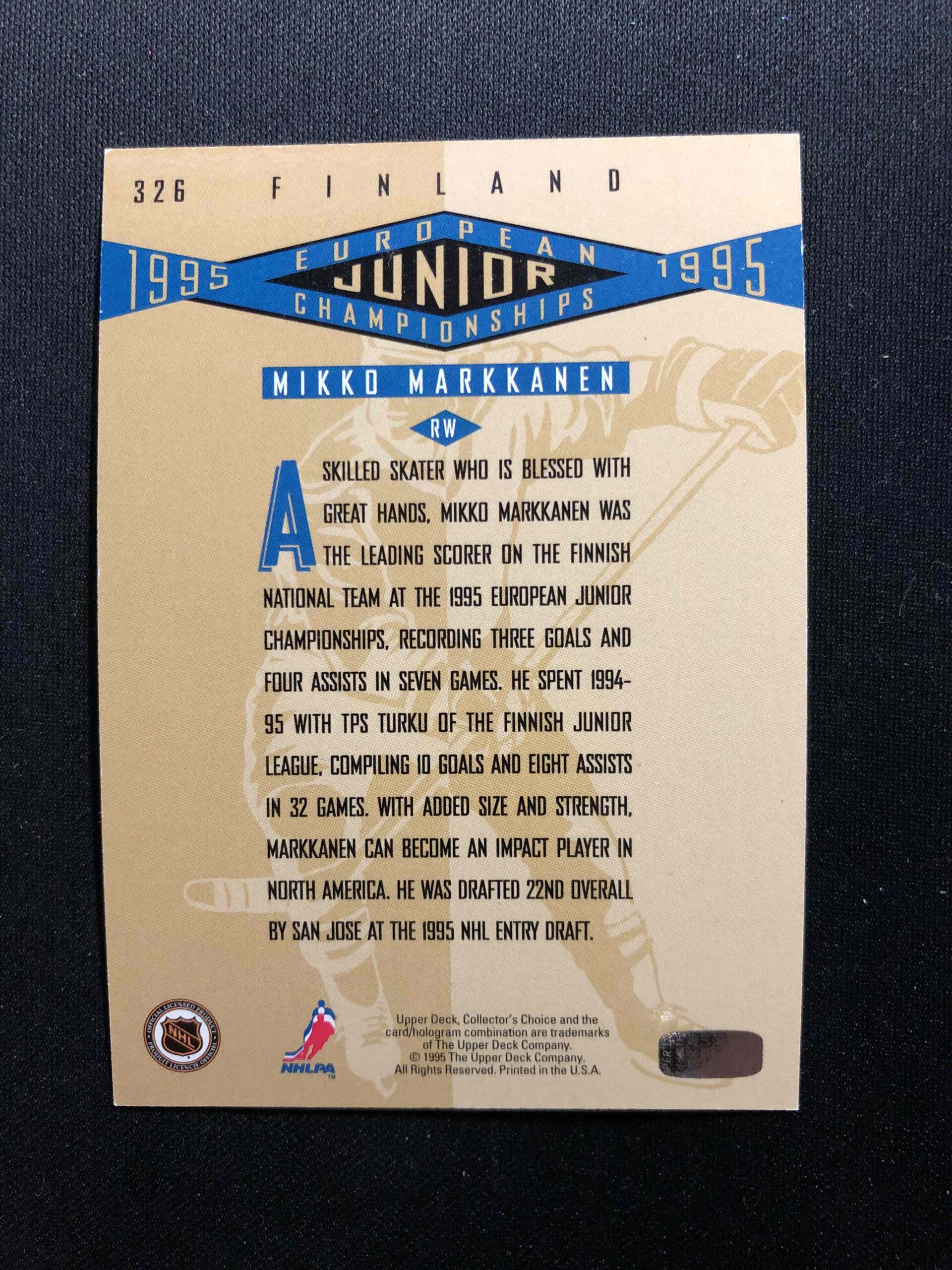 1995/1996 Upper Deck Collectors Choice Platinum Players Club 326 Mikko Markkanen Paralel - Obrázek 2
