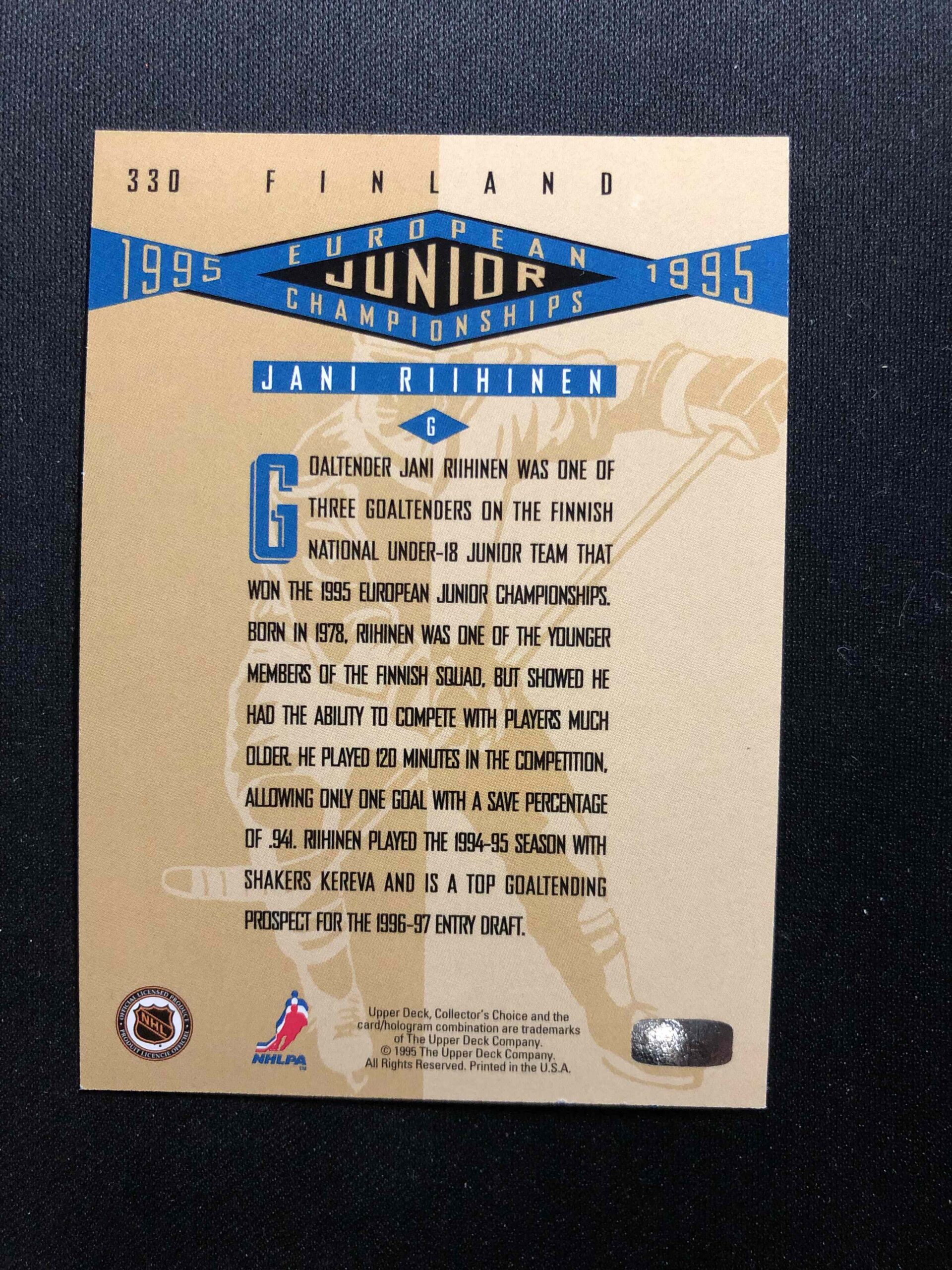 1995/1996 Upper Deck Collectors Choice Platinum Players Club 330 Jani Riihinen Paralel - Obrázek 2