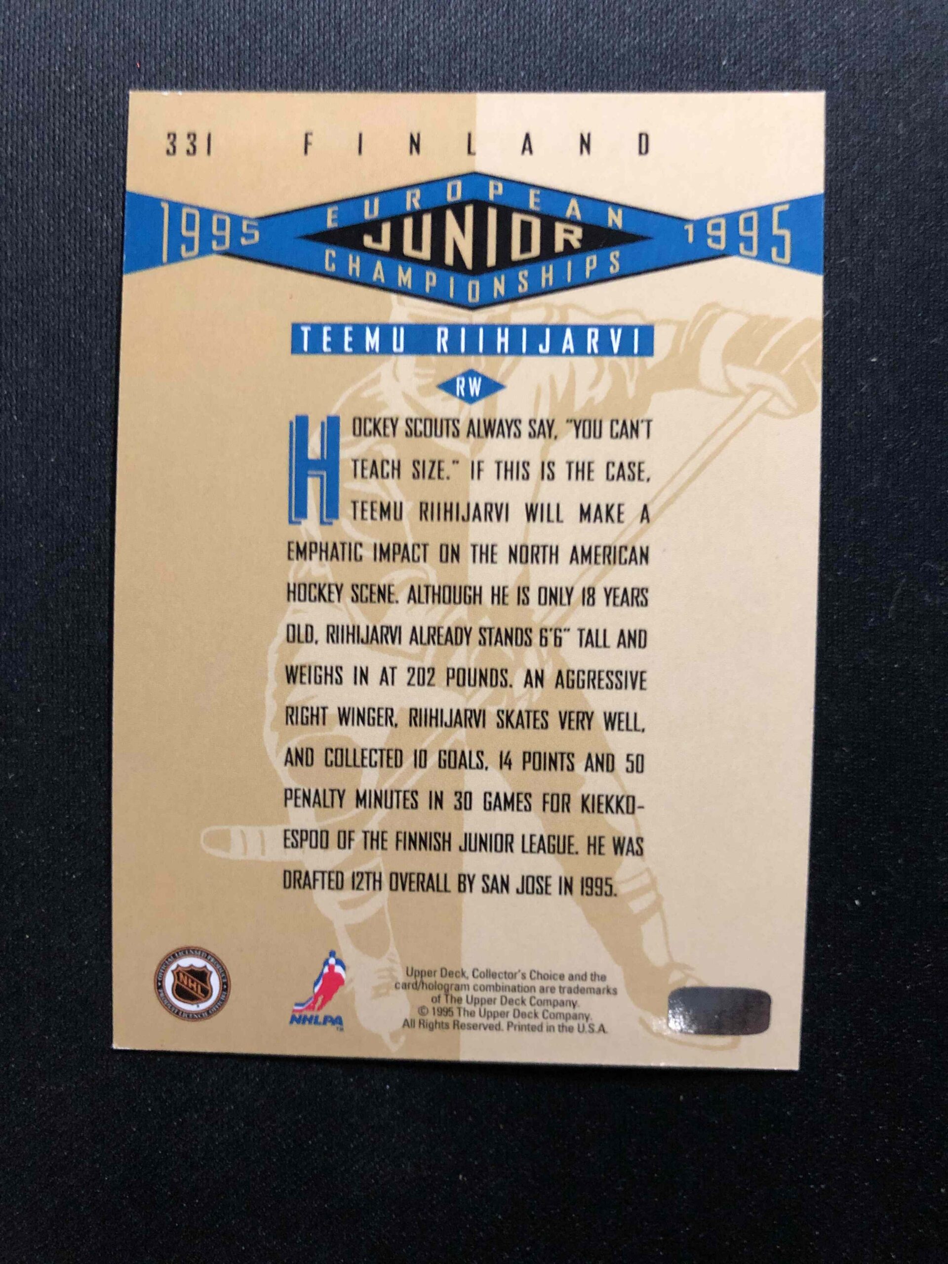 1995/1996 Upper Deck Collectors Choice Platinum Players Club 331 Teemu Riihijarvi Paralel - Obrázek 2