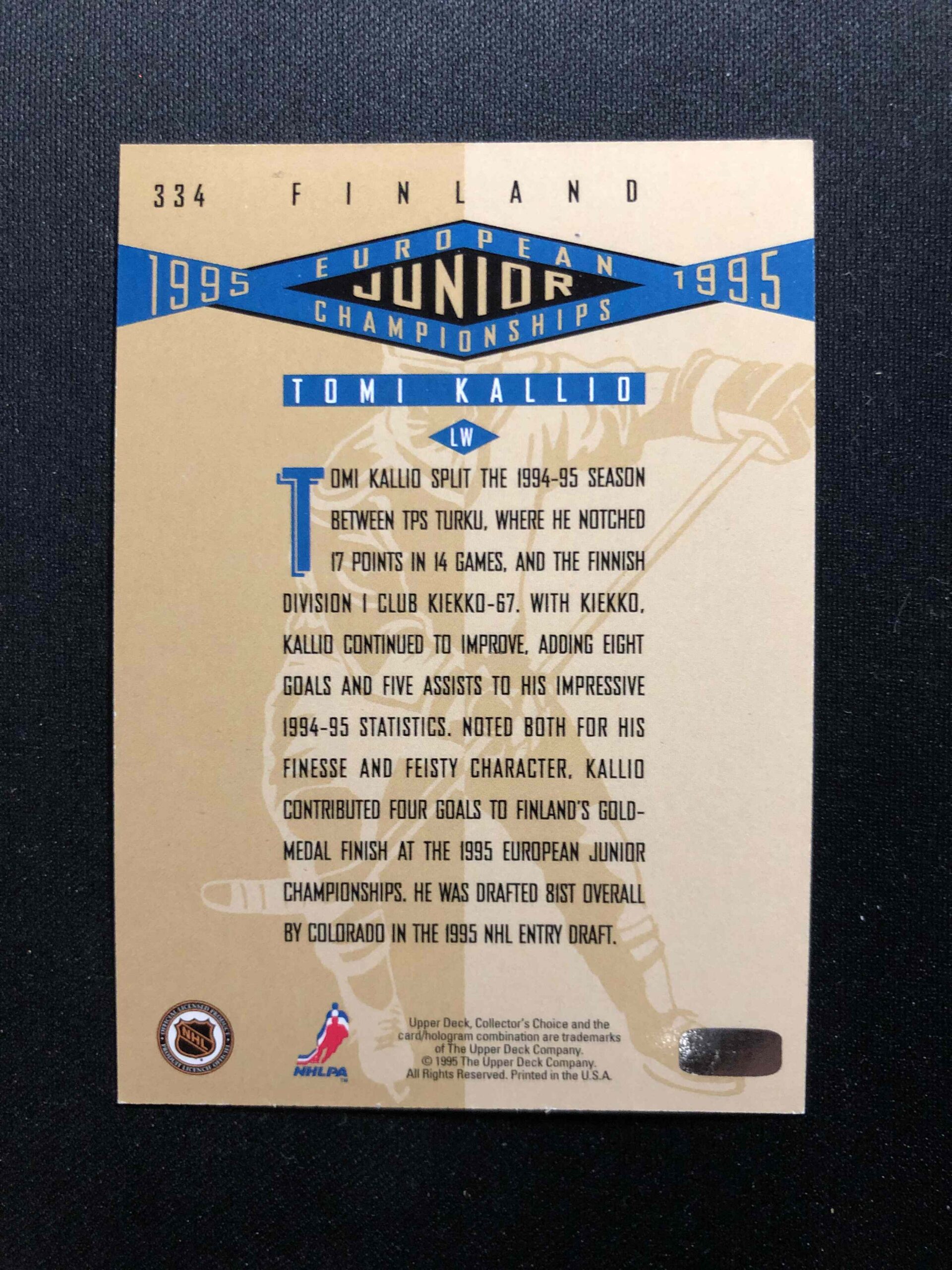 1995/1996 Upper Deck Collectors Choice Platinum Players Club 334 Tomi Kallio Paralel - Obrázek 2