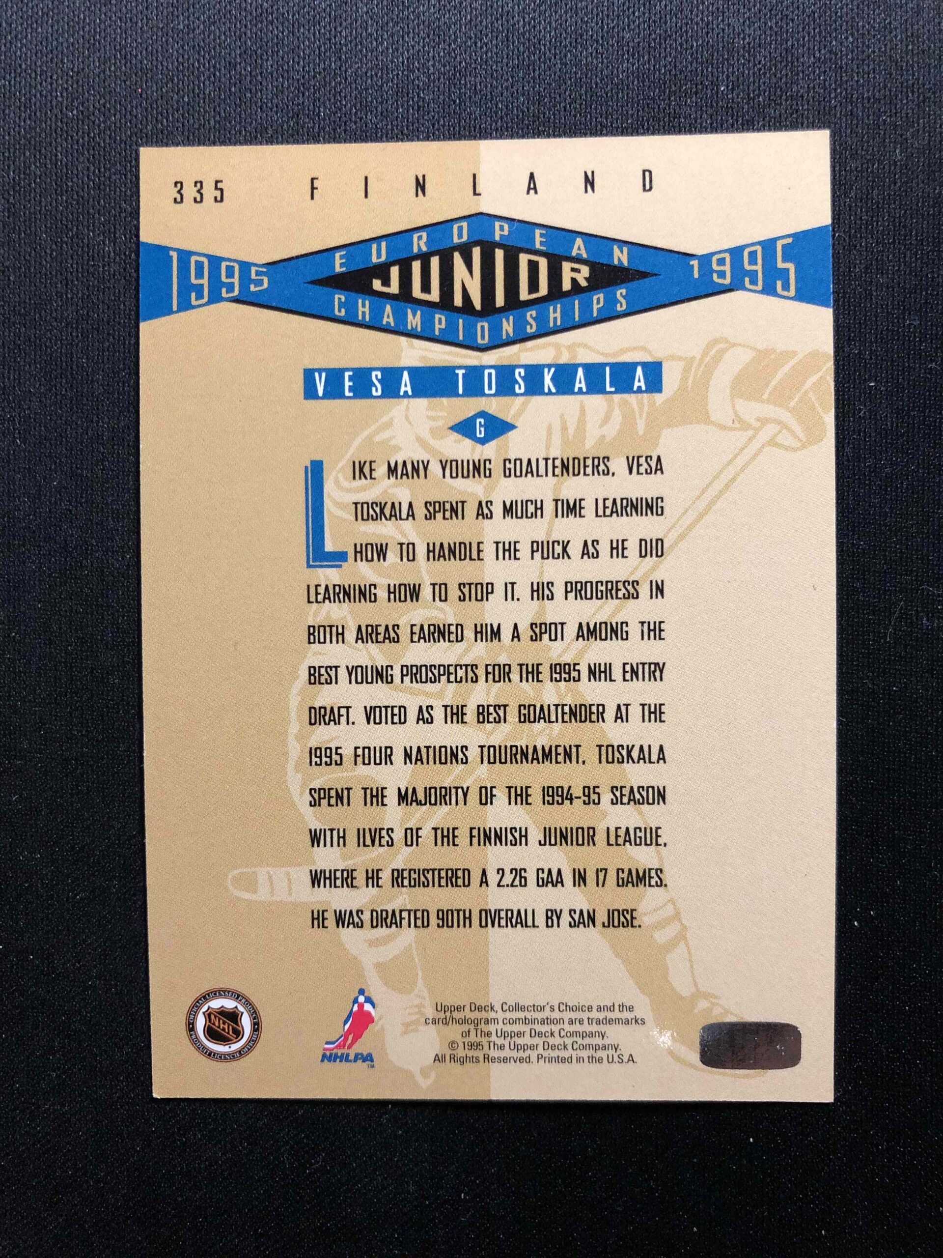 1995/1996 Upper Deck Collectors Choice Platinum Players Club 335 Vesa Toskala Paralel - Obrázek 2
