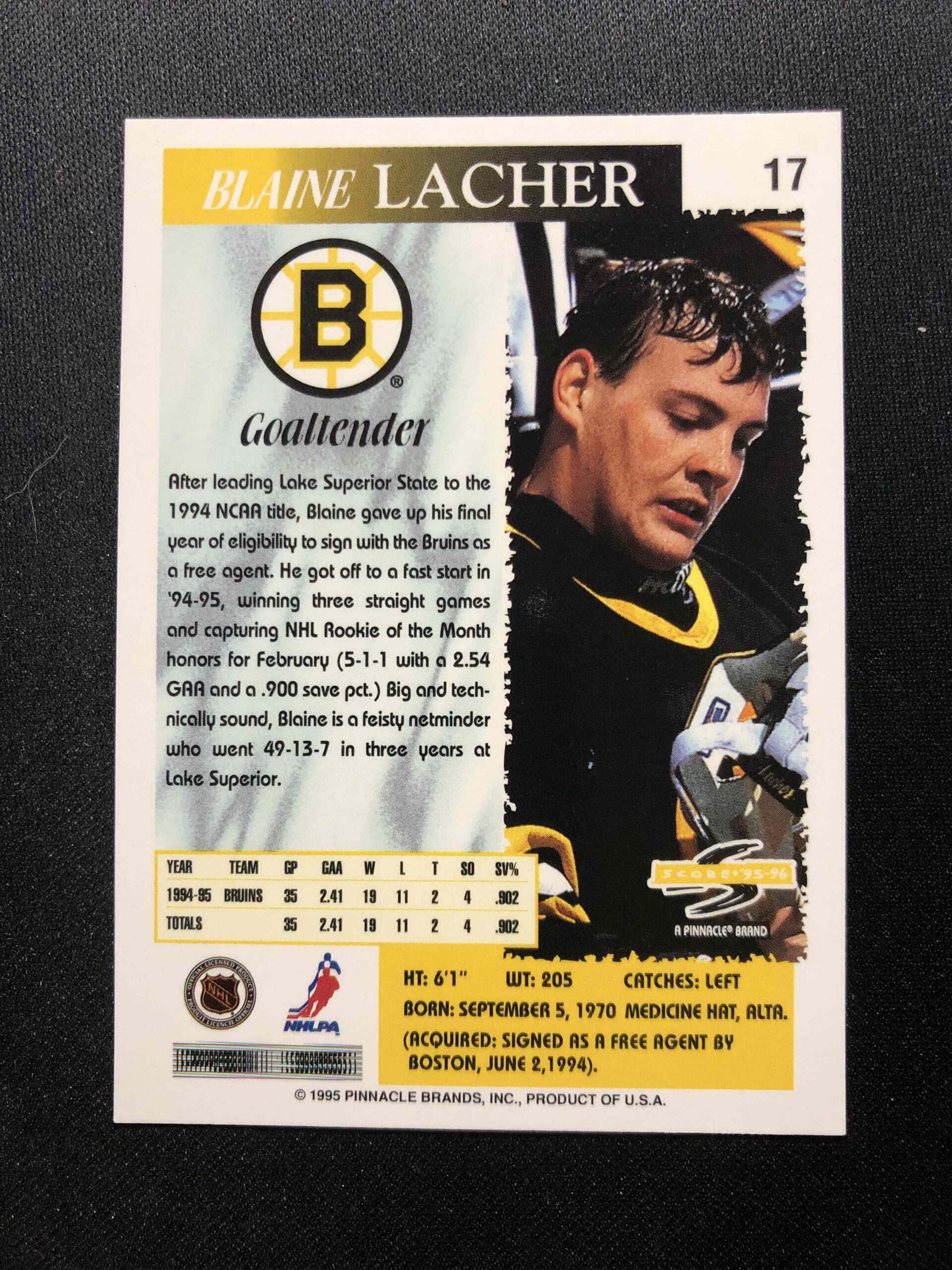 1995/1996 Pinnacle Score Base 17 Blaine Lacher - Obrázek 2