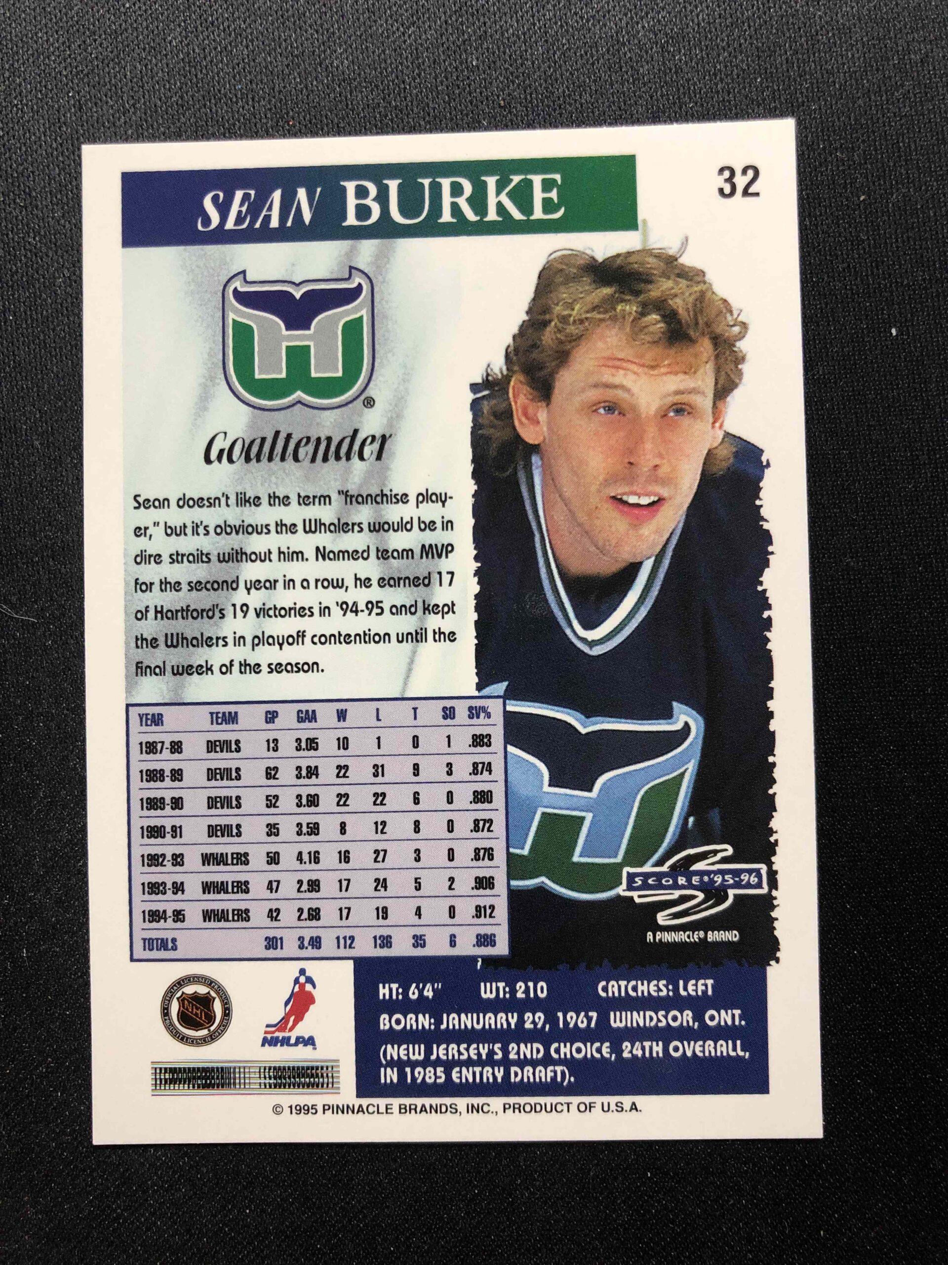 1995/1996 Pinnacle Score Base 32 Sean Burke - Obrázek 2