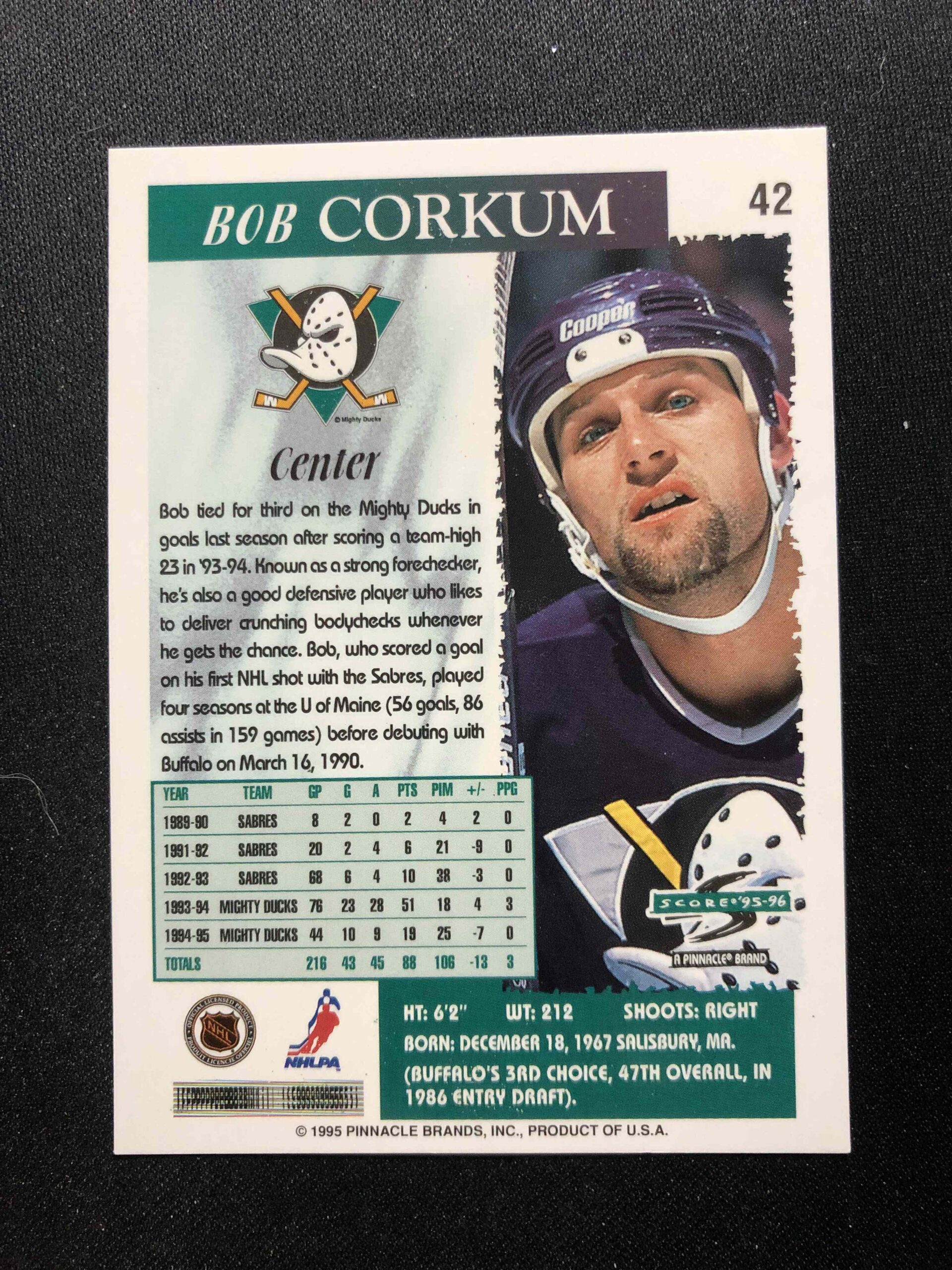 1995/1996 Pinnacle Score Base 42 Bob Corkum - Obrázek 2