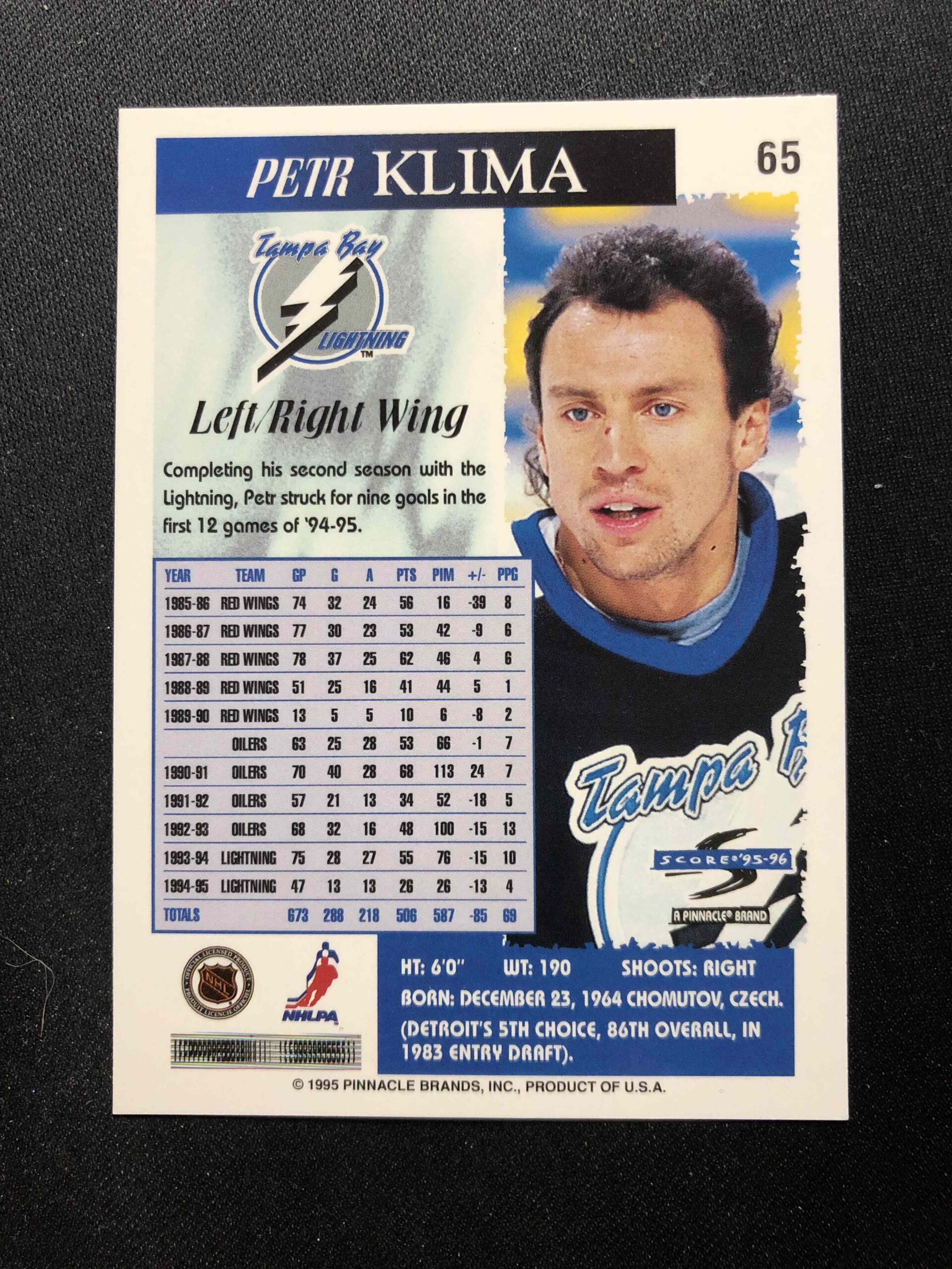 1995/1996 Pinnacle Score Base 65 Petr Klima - Obrázek 2