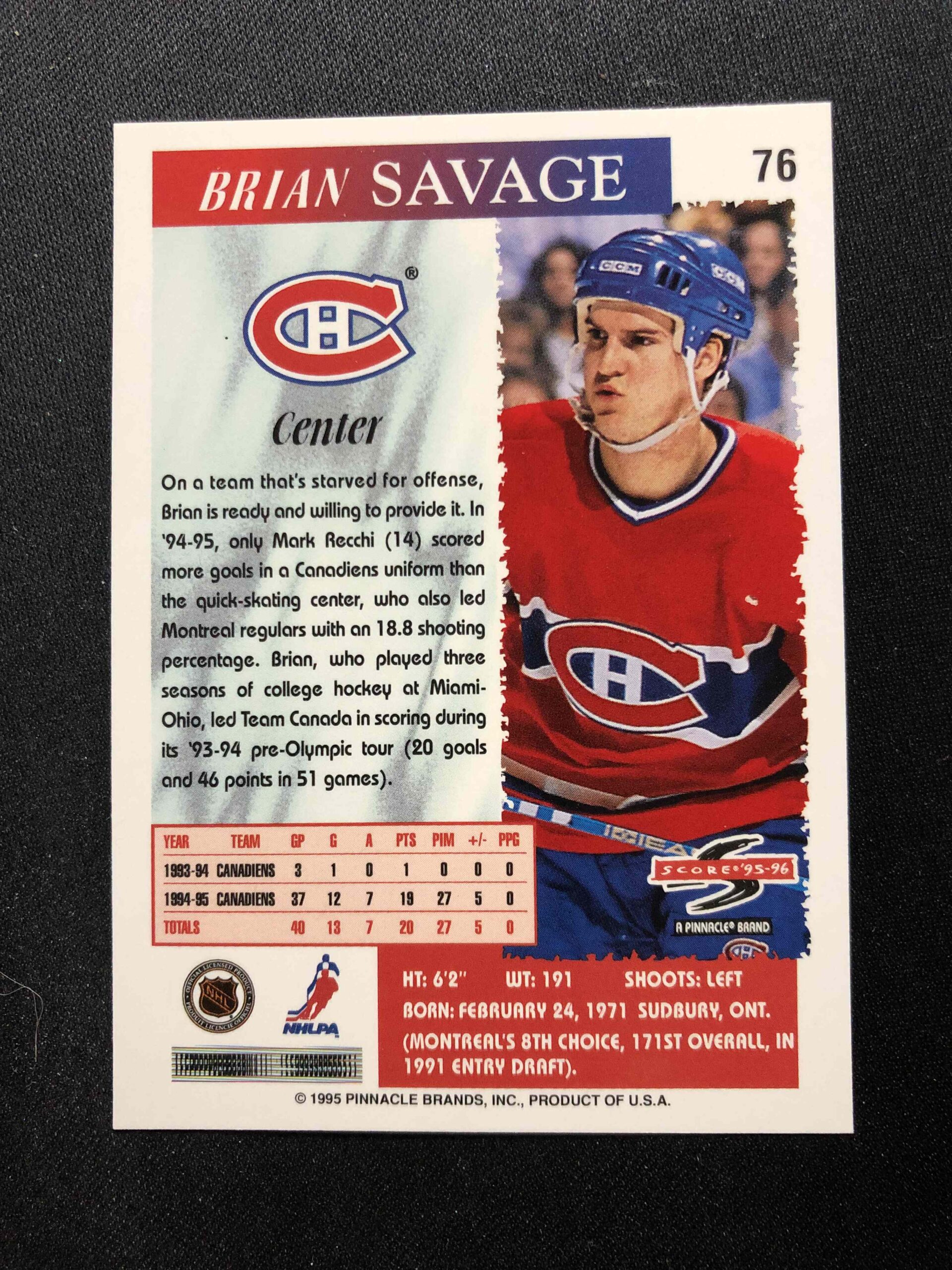 1995/1996 Pinnacle Score Base 76 Brian Savage - Obrázek 2