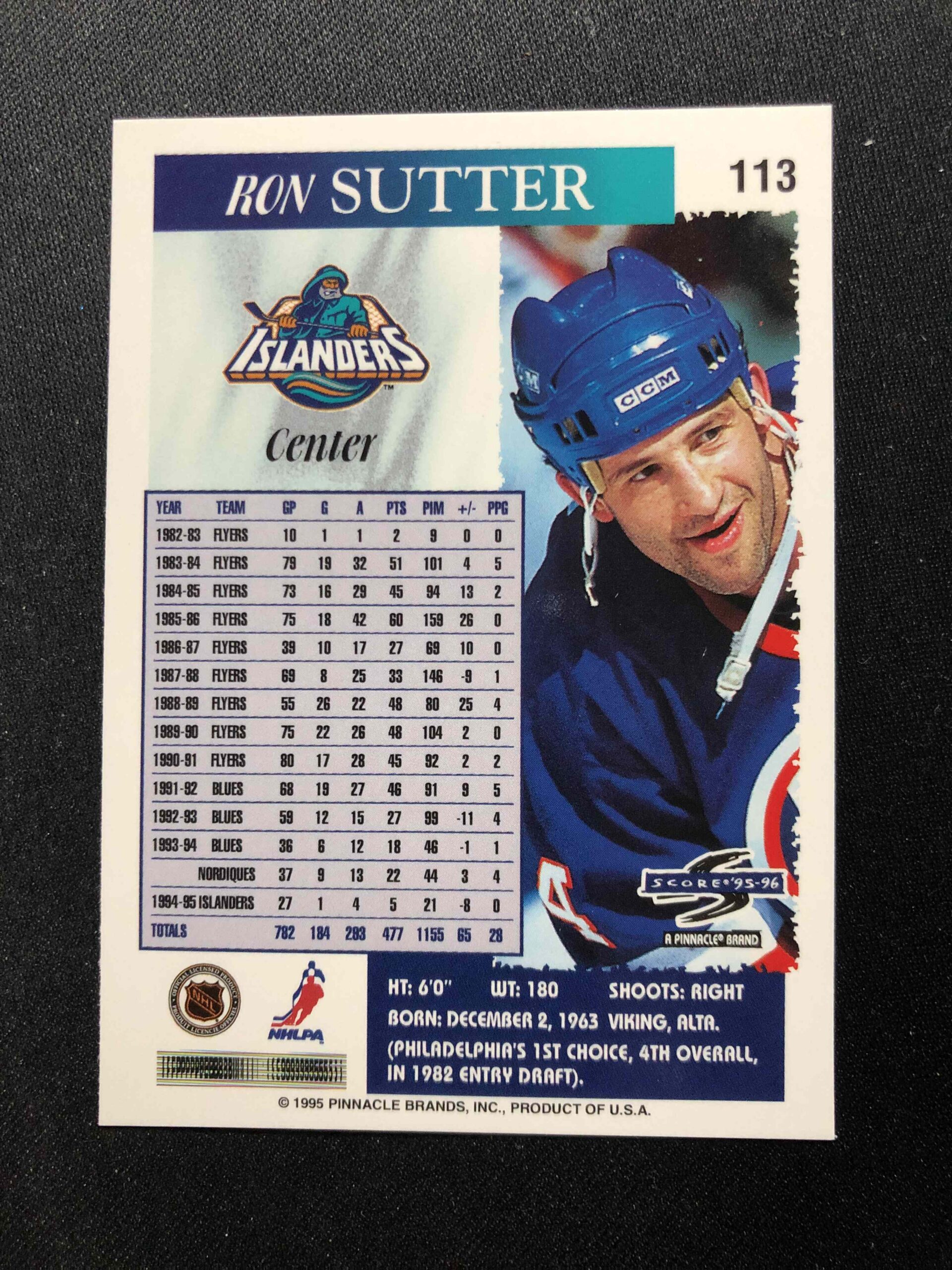 1995/1996 Pinnacle Score Base 113 Ron Sutter - Obrázek 2
